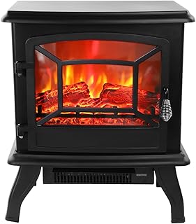 Electric Fireplace Heater,Freestanding Fireplace,Fake Wood/Single Color/Heating Wire/Rocker Flame Switch Button/Rocker Heating Switch Button/Temperature Control Knob with NTC/Black (120V 1400W 17in)