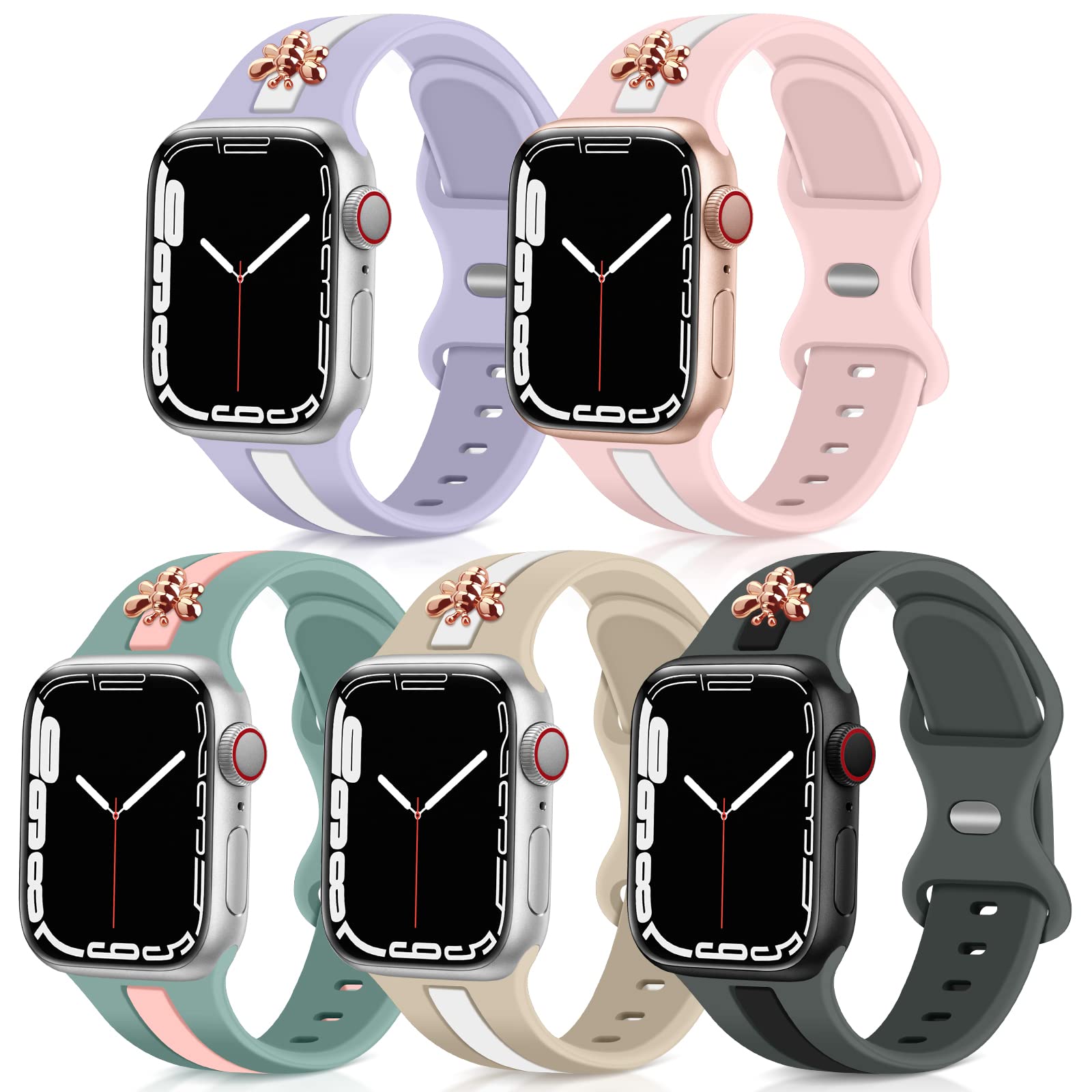 5 Pack Designer Sport Bands Compatible with Apple Watch Band 38mm 40mm 42mm 44mm 45mm 46mm 49mm Women,Bee Decoration Silicone Band for iWatch Series