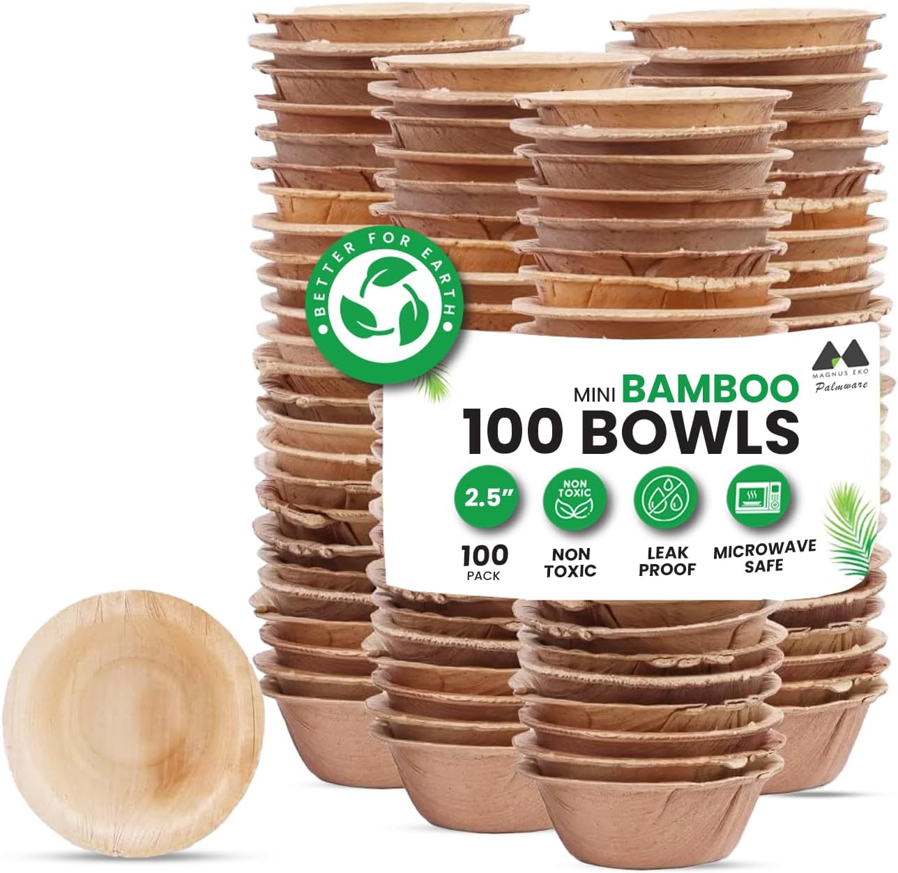 MAGNUS EKO 2.5 Inch Disposable Palm Leaf Round Mini Dip Bowls – 100 Pack, Eco-Friendly & Compostable Like Bamboo, Perfect for Dips, Soy Sauce, BBQ, Oil Dipping & Finger Foods