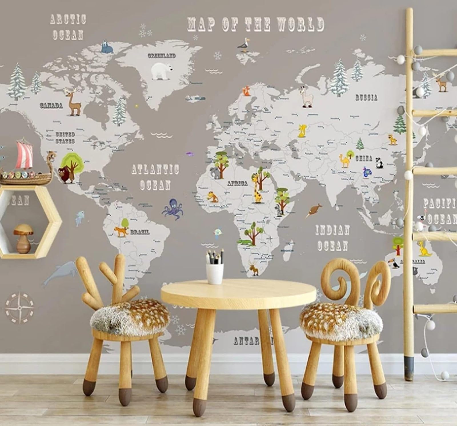XLMING Cartoon Animals Trees Retro World Map 3D Wallpaper Luxury Home Dining Decor Paste Sofa Living Room The Wall for Bedroom Mural-250cm×170cm