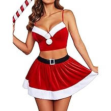 Womens Christmas Camisoles and Skirt Outfits Velvet Santa Costume Set