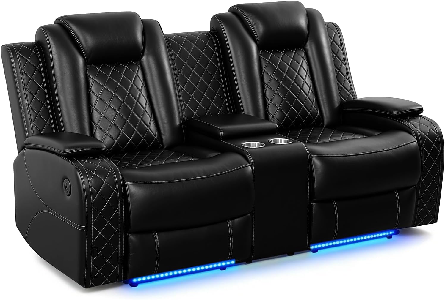 Recliner Loveseat Sofa Power Reclining Couch Movie RV Sofa with Flip-Down Console, Home Theater Seating with LED Lights,USB Ports，Leather Black