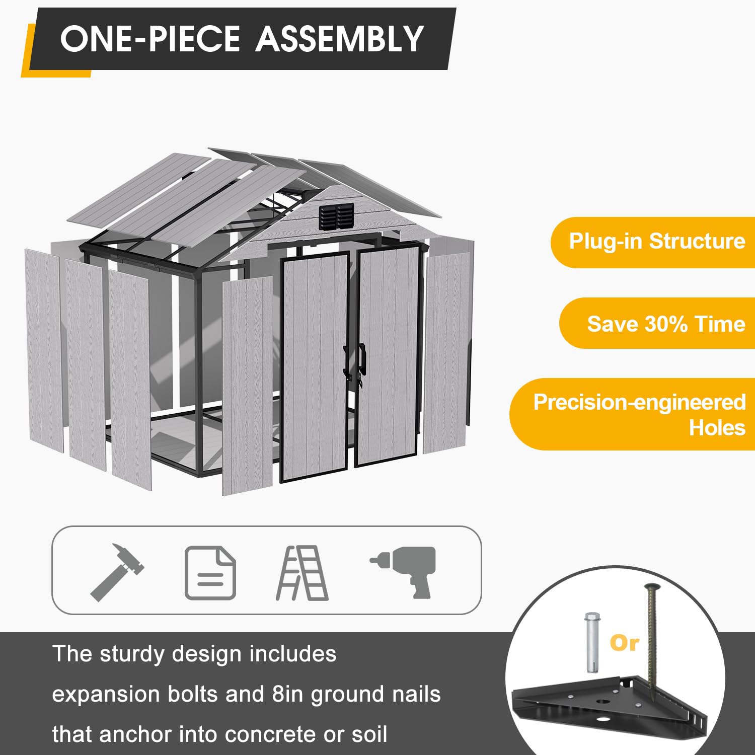 MELLCOM 8 x 6 FT Resin Outdoor Storage Shed with Floor, Outdoor Storage Tool Shed with Windows and Lockable Door, Resin Garden Shed for Lawnmower, Bike, Pool Supply - 3