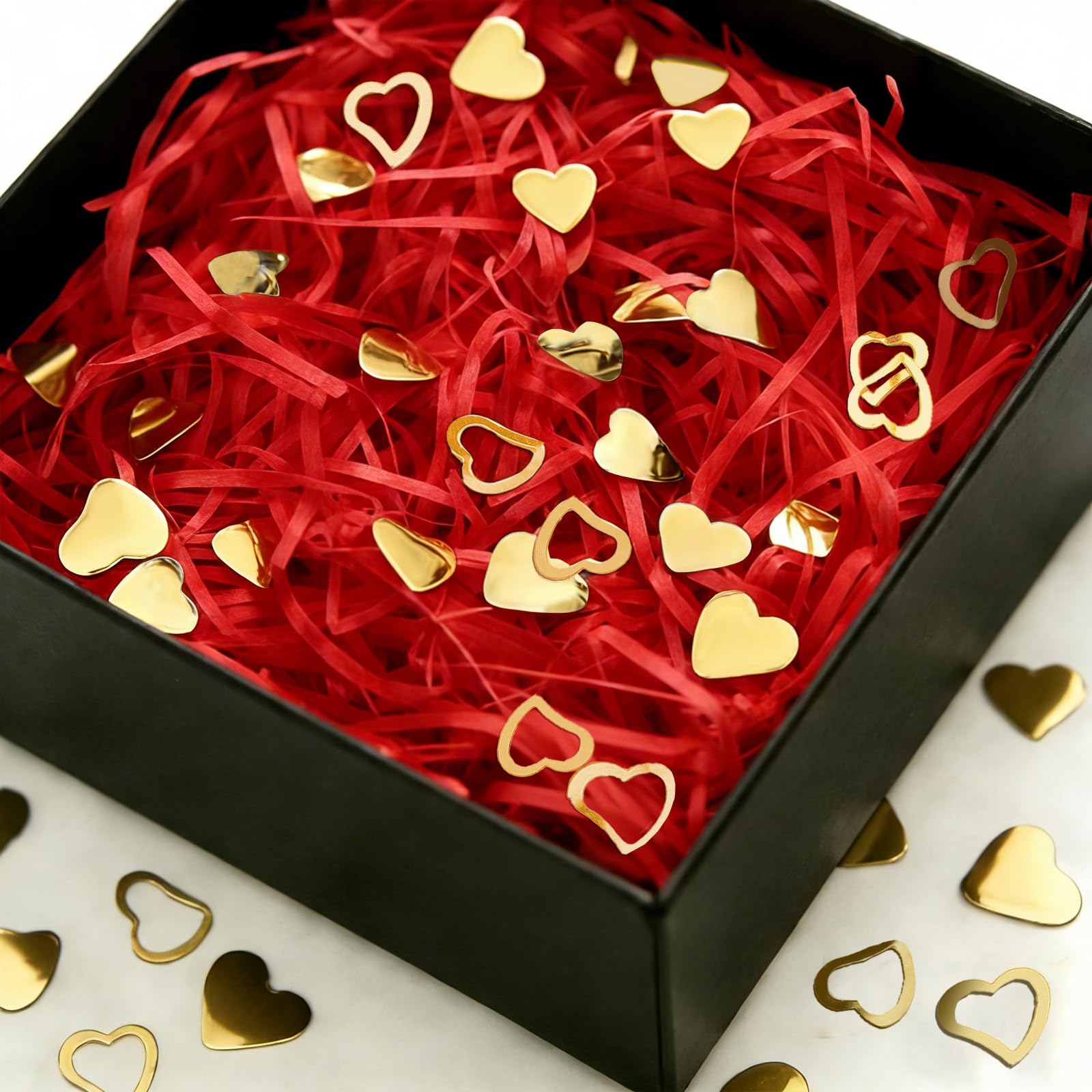LIANRISES 100g Red Shredded Paper for Hampers, Christmas Shredded Tissue Paper for Valentine's Day, Wedding, Birthday, Baby Shower, Gift Packaging, With 10g Heart Confetti