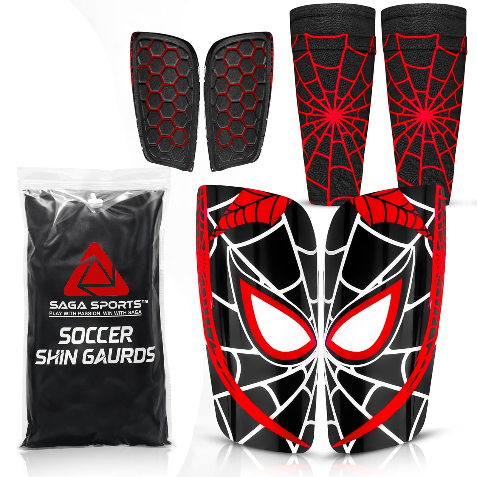 SAGA SPORTS Unbreakable shin Guards Soccer Kids Includes Sleeves Soccer Shin Guards Youth, & Adults | Vibrant Colors