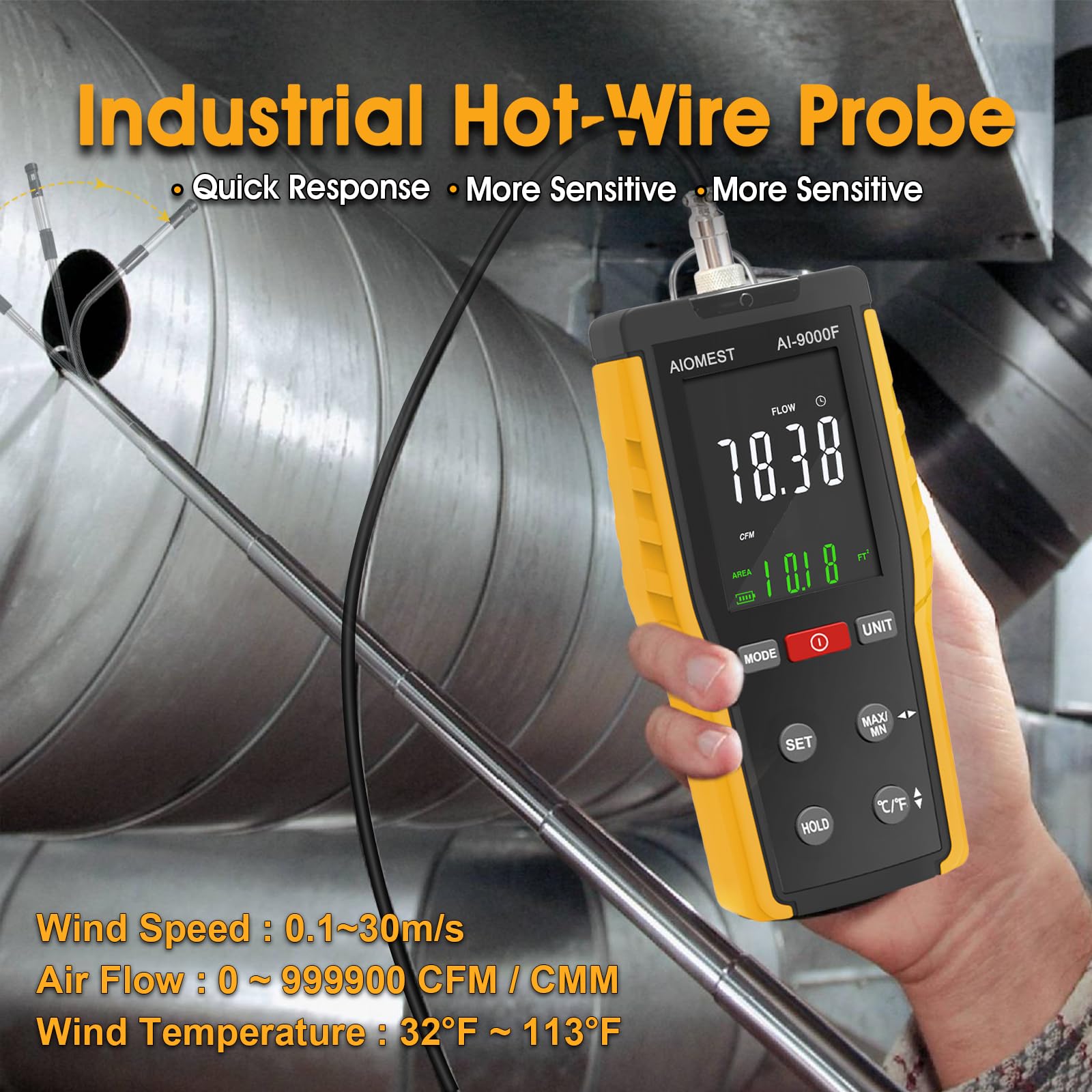 Anemómetro Térmico de Hilo Caliente AIOMEST AI-9000F HVAC Medidor de Viento Velocidad y Temperatura