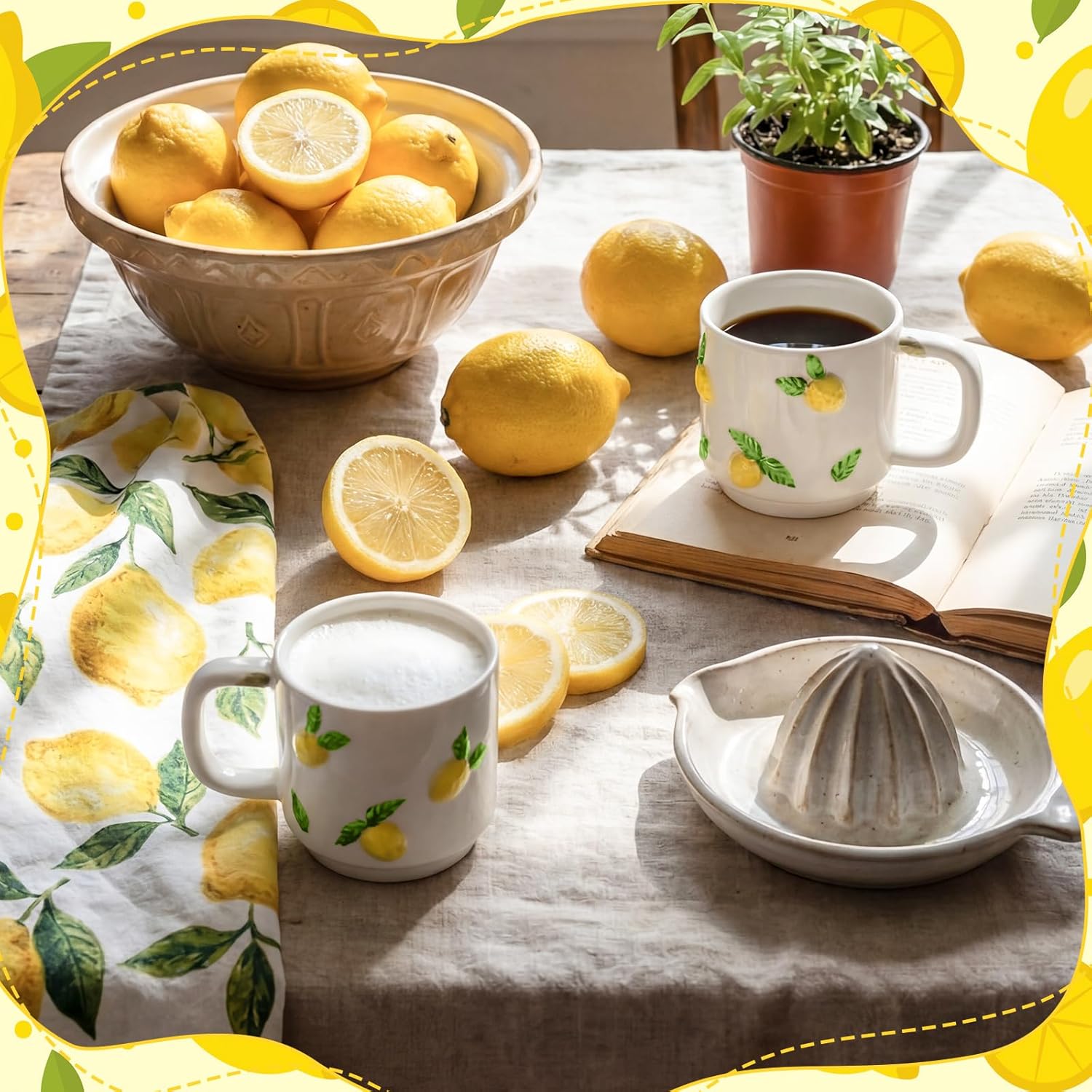 LemonRoad 2 Pcs Lemon Ceramic Coffee Mugs Handmade Pottery Coffee Cup 12 oz Stackable Cute Summer Mugs with Handle for Spring Summer Party Supplies Women Gifts