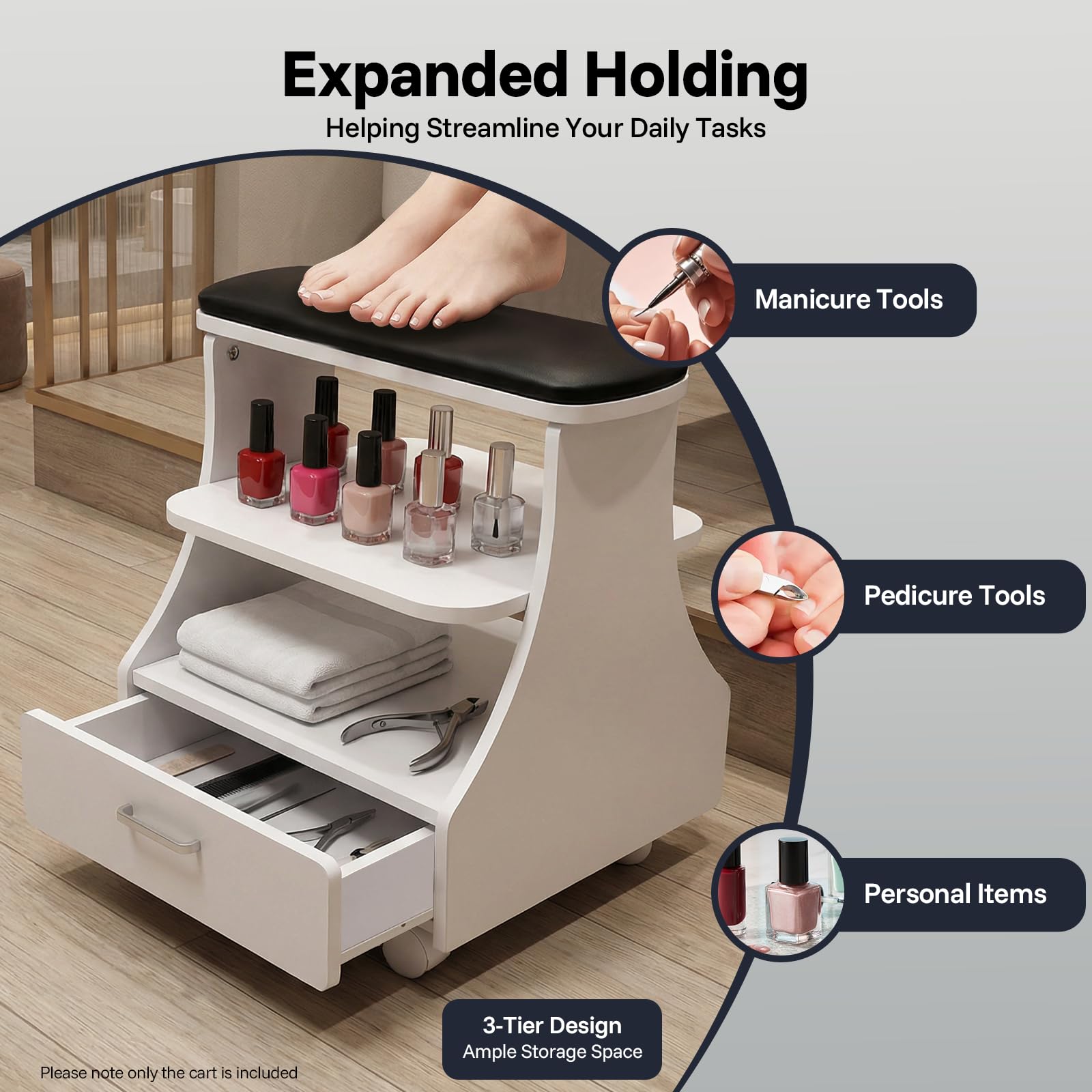 Chariot de manucure 3 niveaux portable avec tiroirs et 4 roulettes universelles, bain de pieds capacité 50 kg