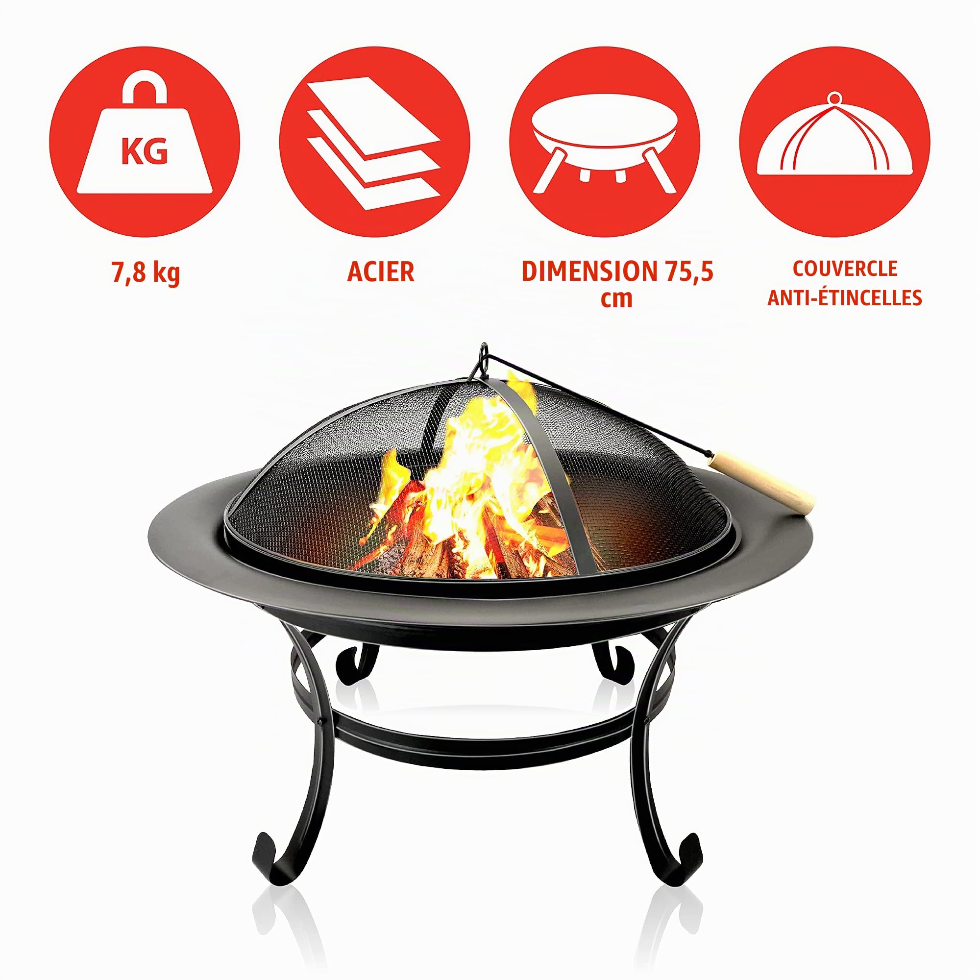 BBQ Collection Brasero Exterieur Ø75,5 cm - Incinerateur de Jardin sur Pied - avec Écran Anti-Étincelles - Facil a Transporter avec Poignées - Decoration Jardin et Terrasse - Acier au Carbone