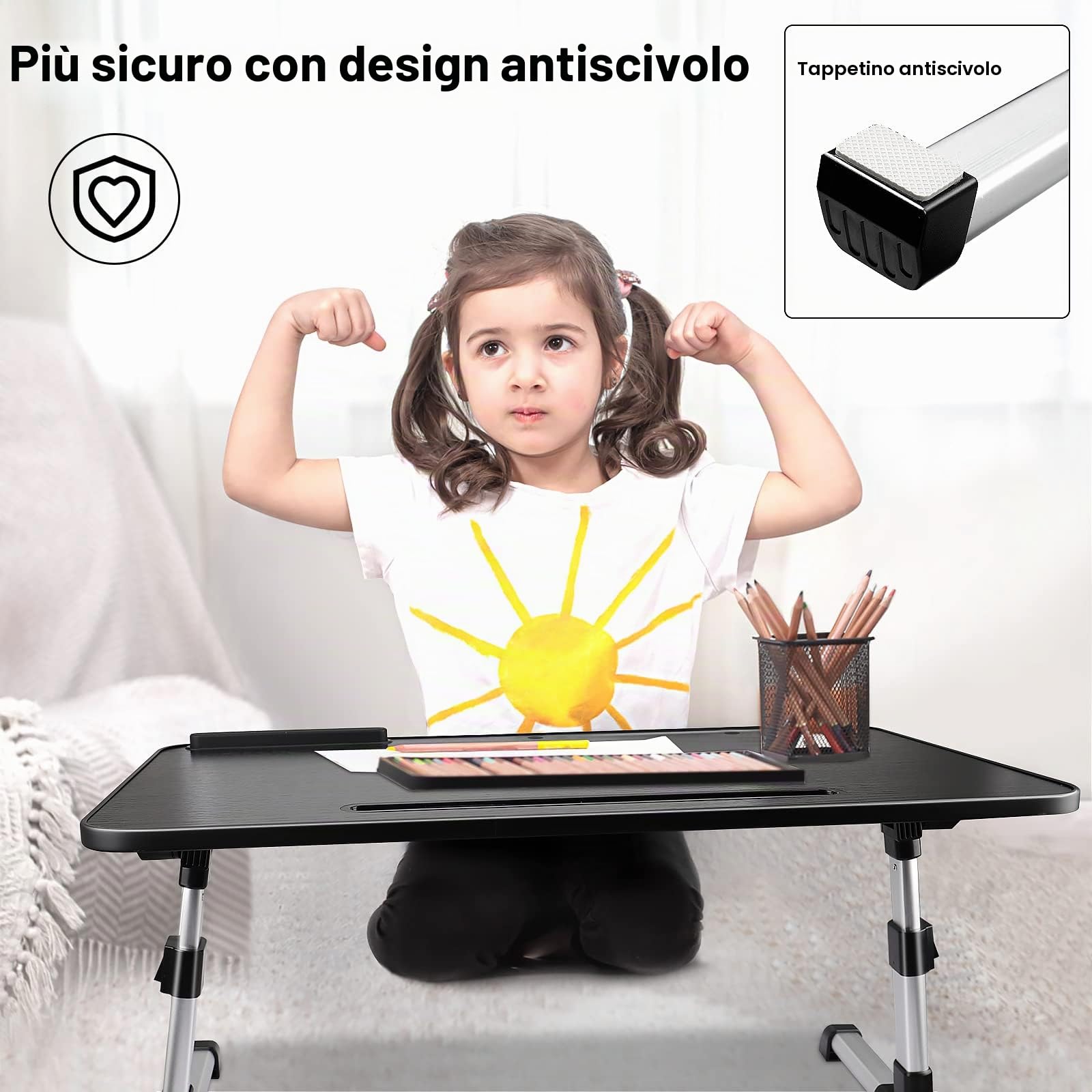 Tavolino da Letto, Regolabile in Altezza und Angolo, Tavolino Pieghevole con Cassettiera, Supporto per Tablet, Tavolini per Letto, Divano, Pavimento (60 x 34 cm, Nero)
