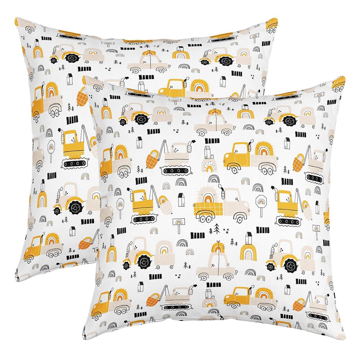 Excavator Reversible Throw Pillow Covers 18x18 Inch Kids Construction Vehicles Pillow Covers Home Decor for Teens Cartoon Car Rainbow Square Cushion Covers Set of 2 Equipment Trucks Yellow โ image 1