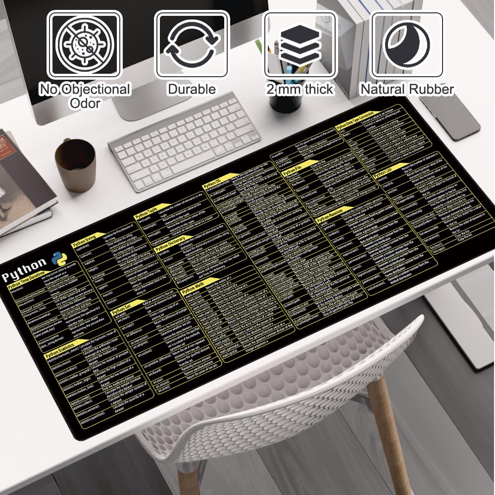 Python Mouse Mat, 80x30cm Large Mouse Mat, Python Commands Shortcuts