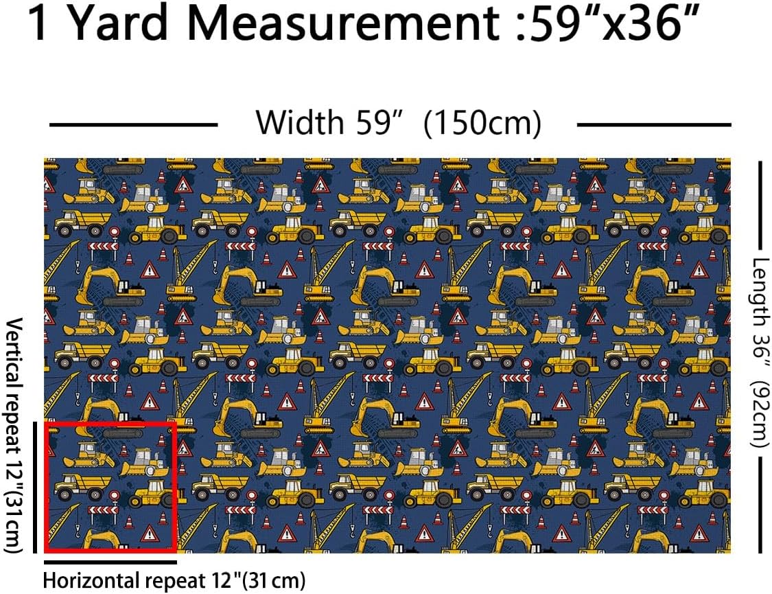 Feelyou Construction Fabric by The Yard, Equipment Trucks Upholstery Fabric, Cartoon Excavator Outdoor Fabric, Tractor Reupholstery Fabric for Chairs, 1 Yard, Navy Blue Yellow