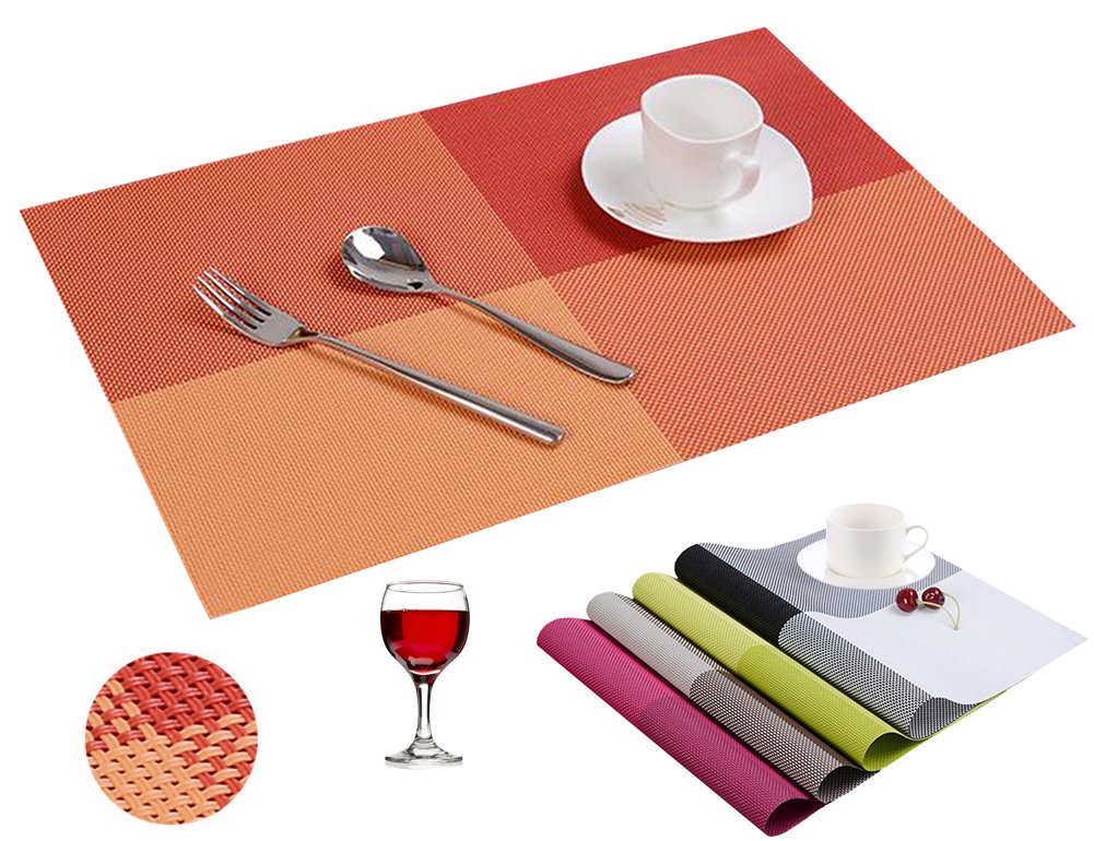 Lutanky Placemats Elegant Checked Place mats Set of 4 Washable Non-slip Insulation PVC Weave Table Mats (set of 4, orange)