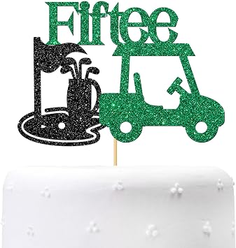 Maicaiffe Golf Fiftee 50th Birthday Cake Topper - Sport Theme Golf Fifty Sign - 60th Anniversary / 50th Birthday Retirement Party Decorations - Black Green Glitter