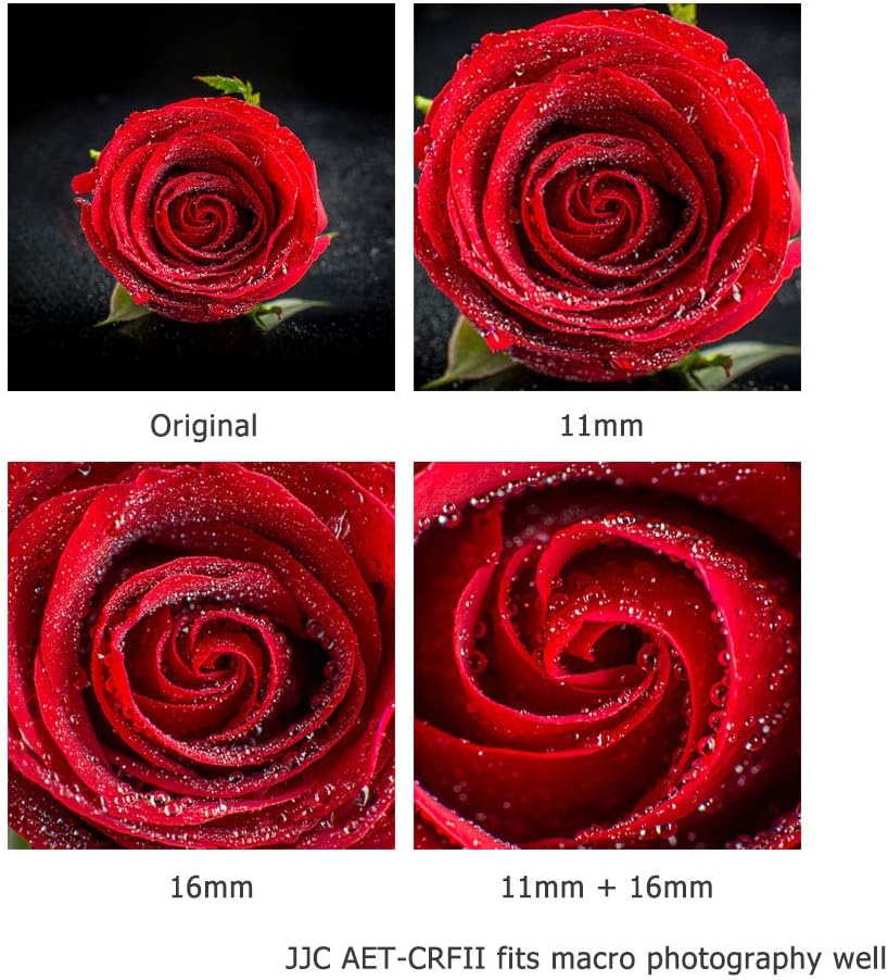 Comparison of macro photography results: Original image of a rose, then magnified views using 11mm, 16mm, and combined 11mm + 16mm extension tubes, showing increasing magnification.