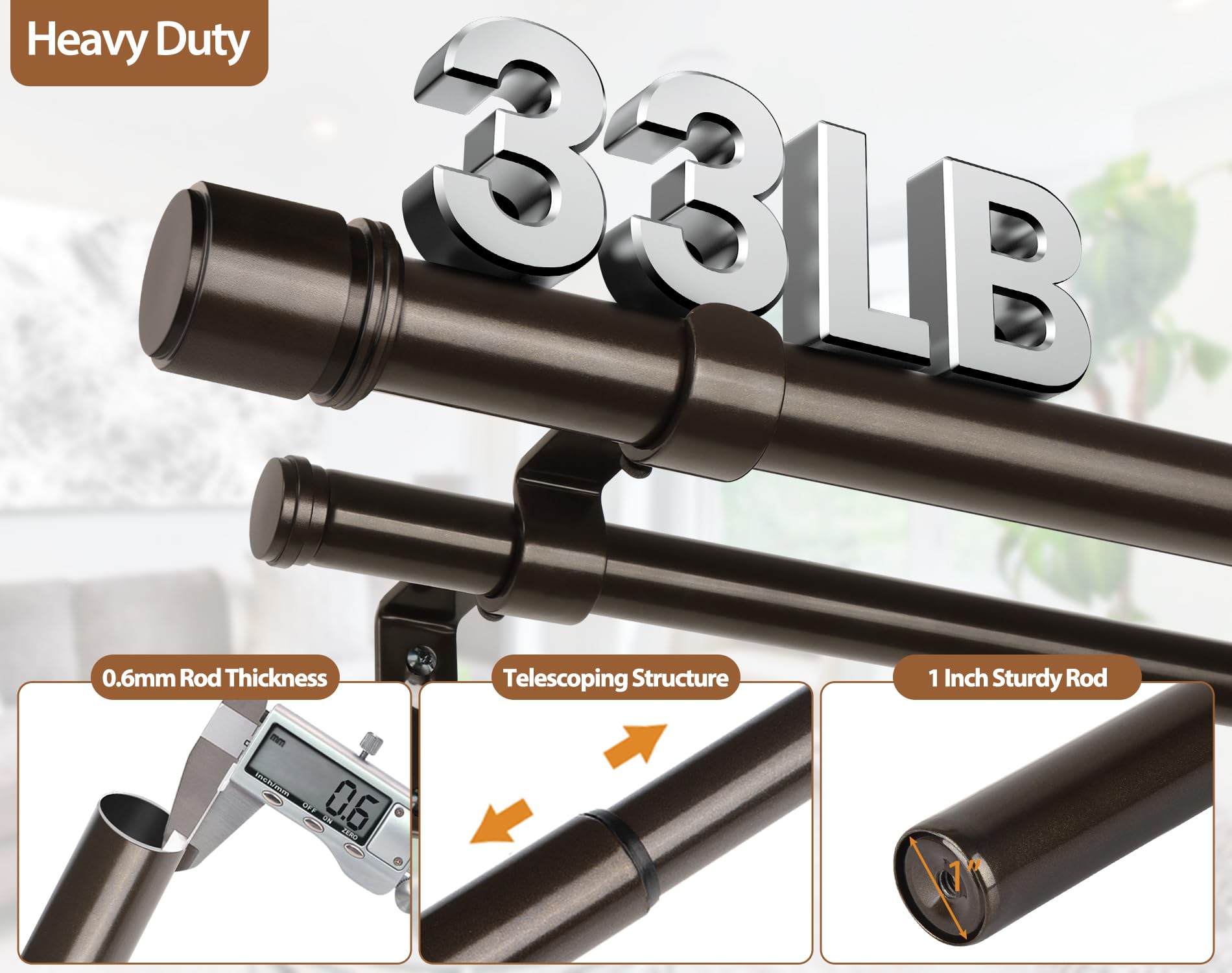 Snapklik.com : Double Curtain Rod 66 To 120 Inch, HOTOZON 1 Inch Heavy ...