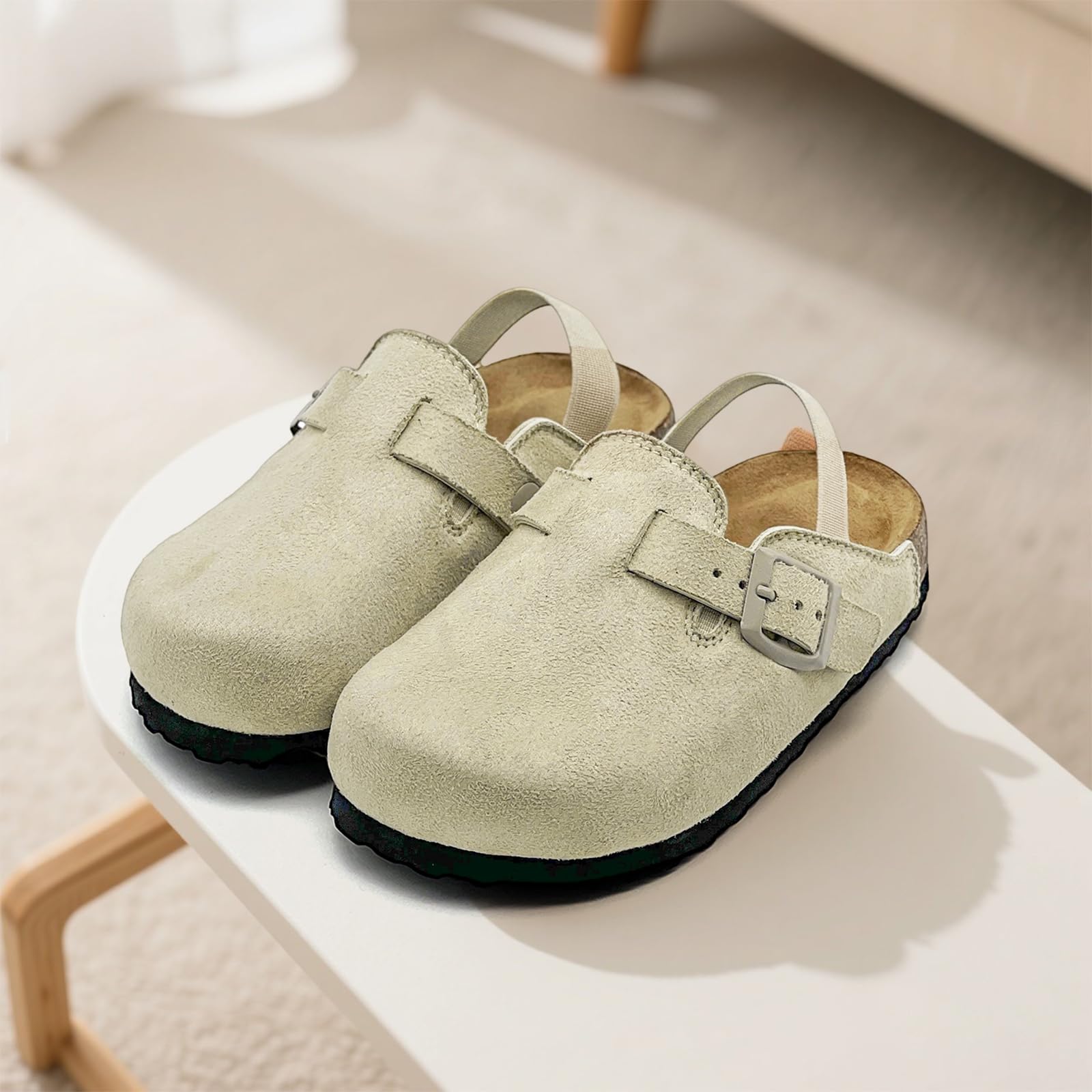Kids Clogs, Suede Clogs for Toddler Boys Girls with Arch Support Cork Footbed Sandals Potato Shoes Leather Slip On Slippers Mules with Adjustable Buckle