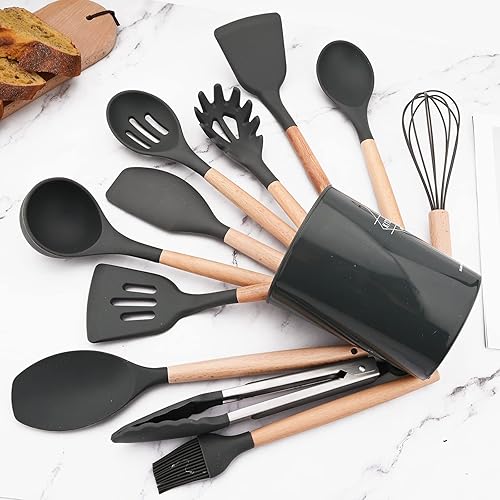 Miniatura 10 de BRIIEC Utensilios de cocina de madera y silicona, 12 utensilios de cocina de silicona antiadherentes, resistentes al calor, espátula, cuchara,