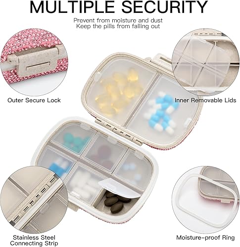 Miniatura 4 de Soleebee Organizador de píldoras diario portátil de 8 compartimentos, caja de píldoras de diamantes de cristal brillante, pequeño estuche de