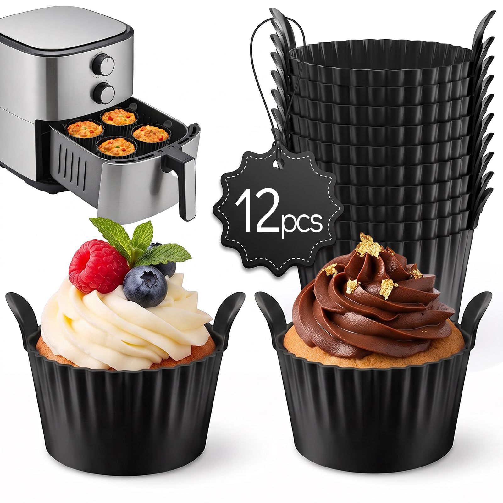 ChaneeHann Stampo Muffin, Set di 12 Stampi in Silicone Stampo Muffin Silicone per Friggitrice ad Aria Riutilizzabile per Muffin, Torte, Uova - Senza BPA, Compatibile con Forno e Microonde