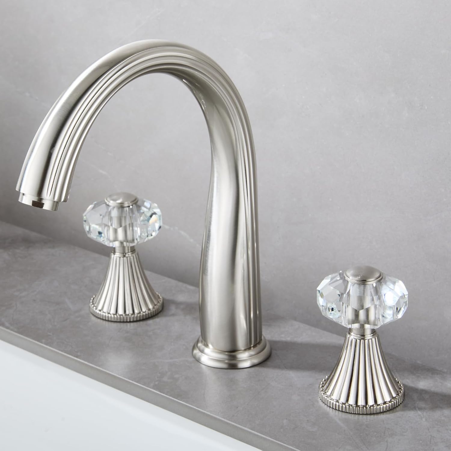 3 Hole Brushed Nickel Crystal Sink Vanity 8 Inch Brass 2 Handles 2 Tone Widespread Modern Unique 3 Piece Bathroom Sink Faucets, Antique Lavabo Faucet, Vintage Lavatory Vessel Luxury Mixer Tap