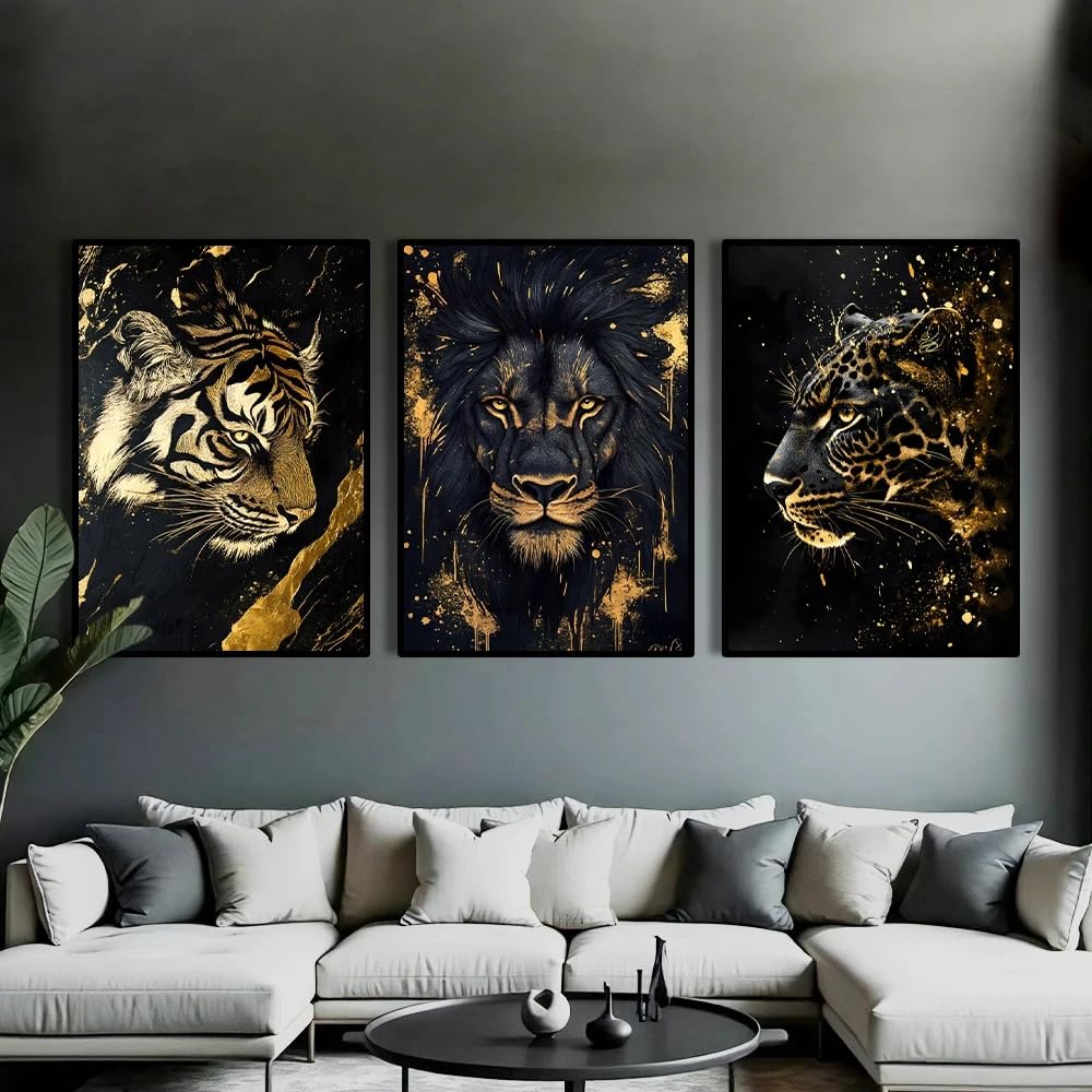 Pósteres de tigre, león y guepardo, láminas abstractas de arte animal en negro y dorado, lienzos decorativos para el hogar (70x100cm/3 piezas sin marco).
