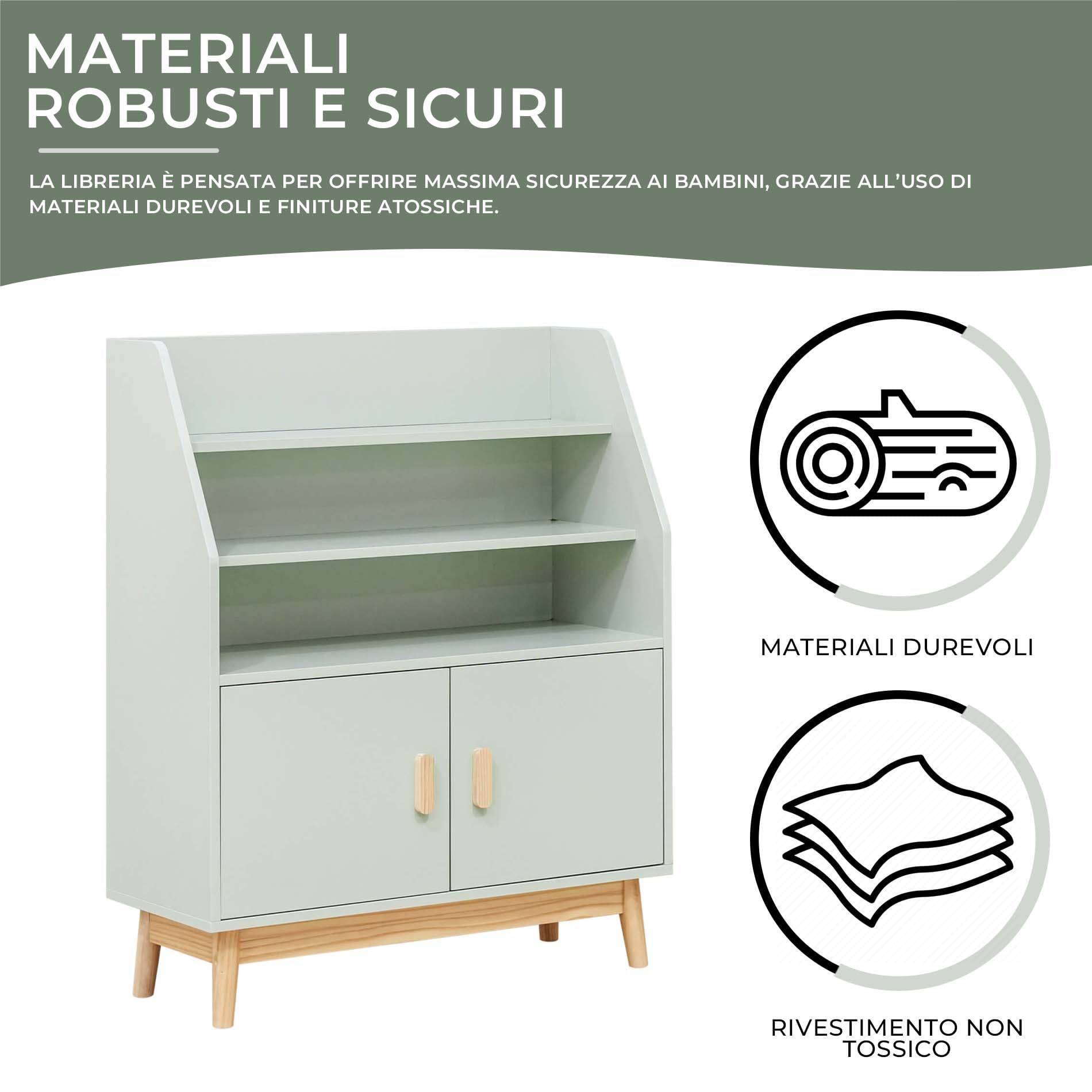 Rebecca Mobili Scaffale per Bambini, Libreria Montessoriana, Verde Acqua Marrone, MDF Pino, con 3 Ripiani e 1 Vano, Stile Scandinavo - Misure HxLxP: 100 x 80 x 33 cm - Art. RE7132