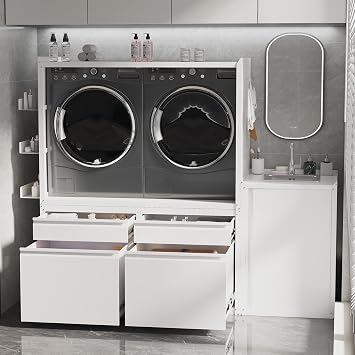 Laundry Pedestal with Dryer Laundry Basket for Washer and Dryer Washing Machine Stand Base Raiser with Washbasin Cabinet,White