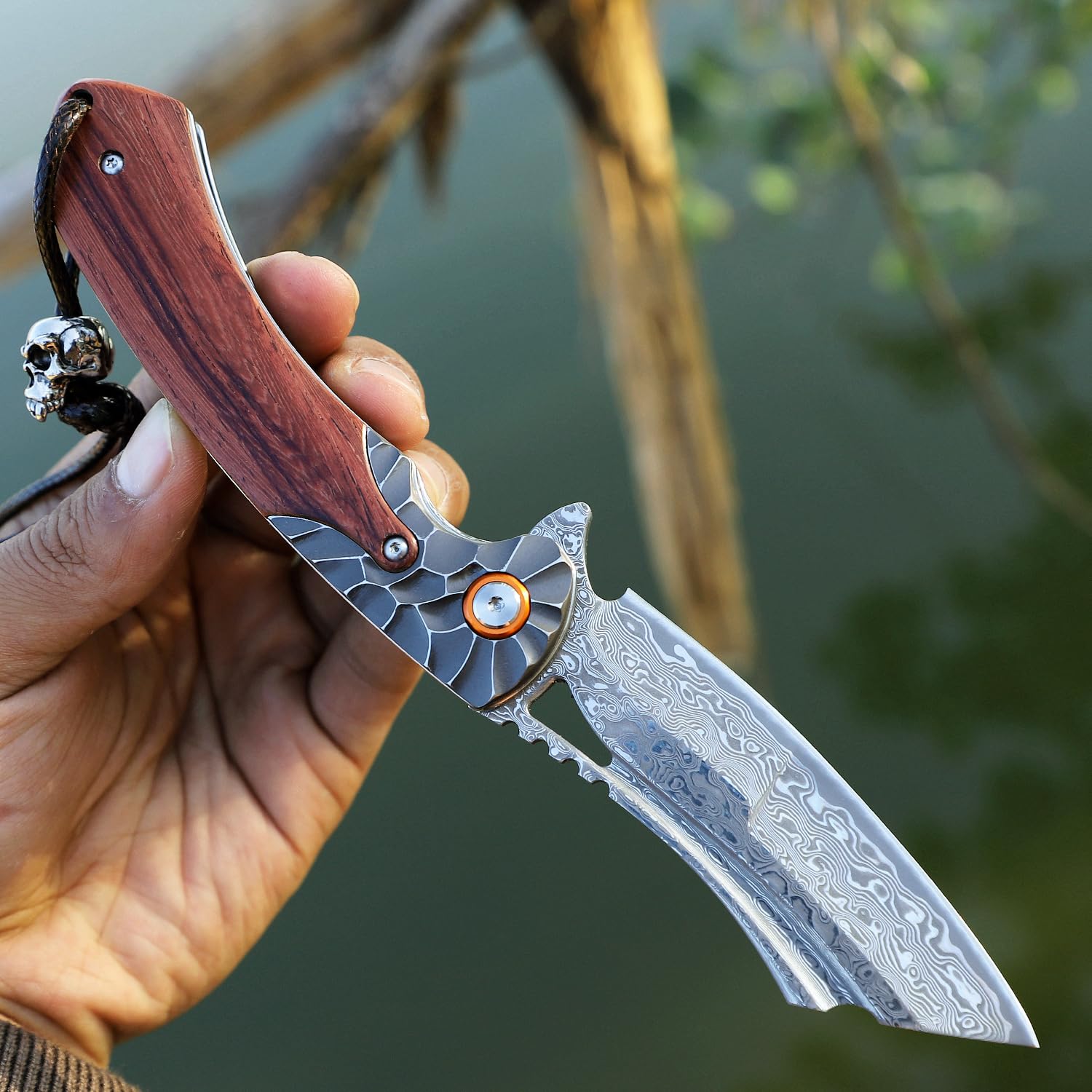 Herren Taschenmesser Damaszener Stahl Handgefertigtes Klappmesser，3.5 in Klinge Palisander Griff，mit Lederetui ，Liner Lock Stahl Kugellager，Taschenclip ，EDC Camping Outdoor Survival Messer