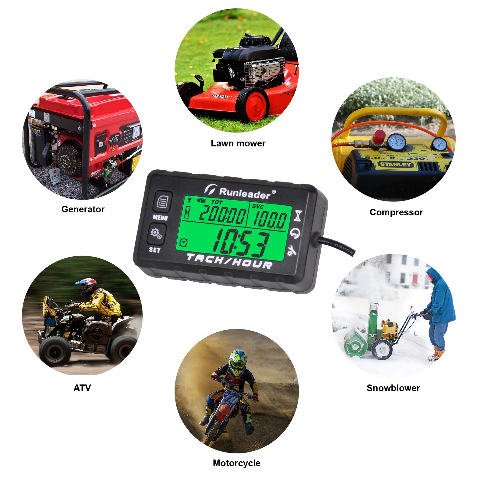 Runleader Betriebsstundenzähler Drehzahlmesser,Wartungserinnerung,Alarm-Drehzahlerinnerung, Anfangsstunden einstellbar,Batterie austauschbar,Verwendung für Rasenmäher Marine ATV（BK）