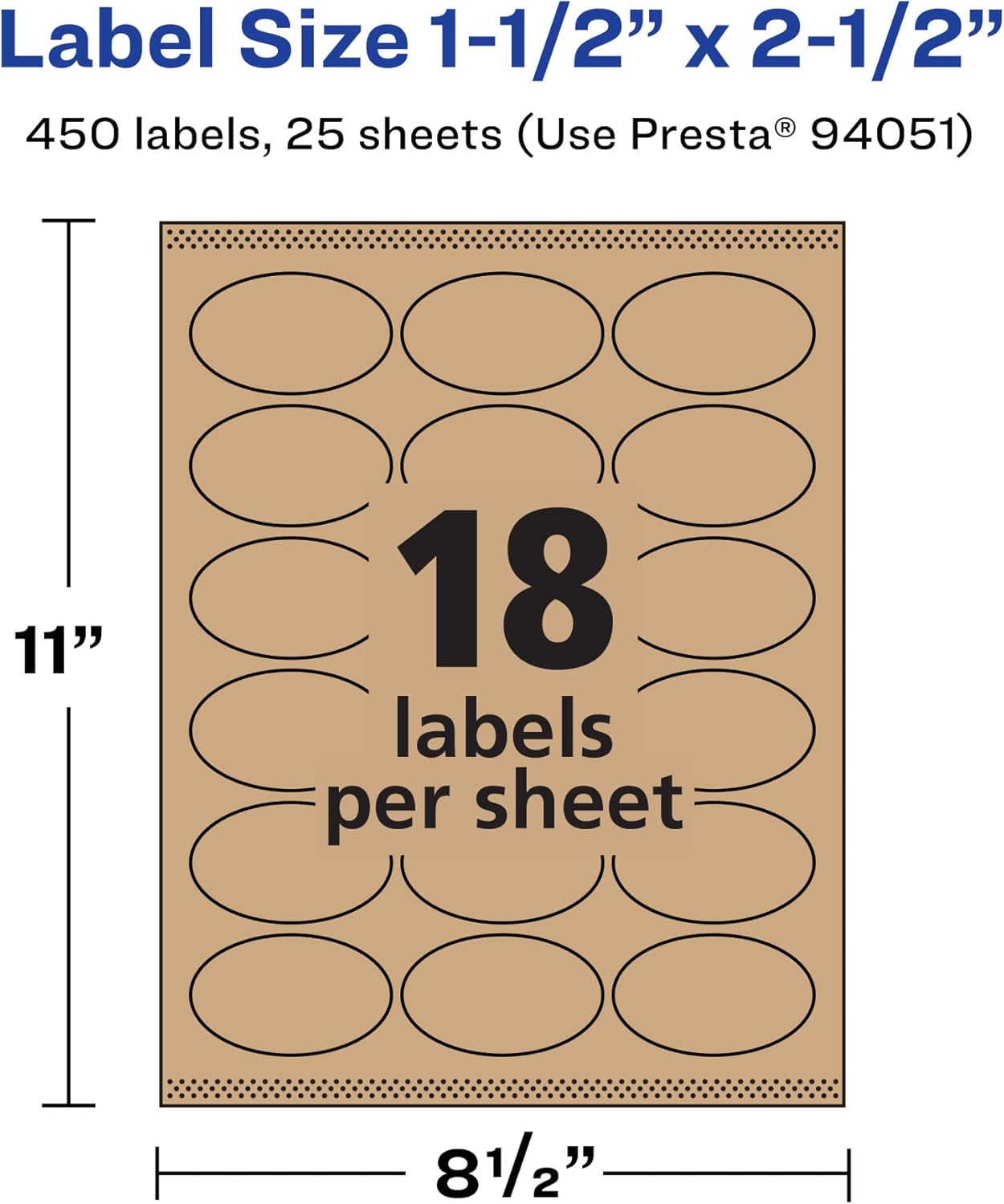 Avery Kraft Brown Oval Labels, Sure Feed Technology, 1.5" x 2.5", 450 Kraft Brown Labels, Laser/Inkjet Printable
