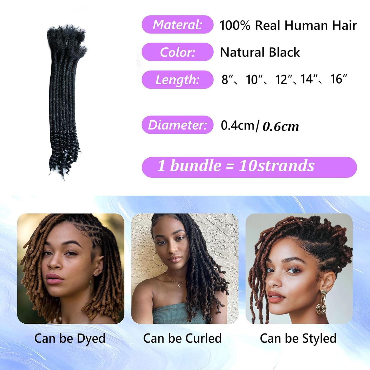 EV&ET Loc Extension Human Hair 100% Huamn Hair Dreadlocks Extension Can Be Dyed Bleached Curled Handmade loc Extension for Men Women (0.6cm, 10 inch, Natural black)