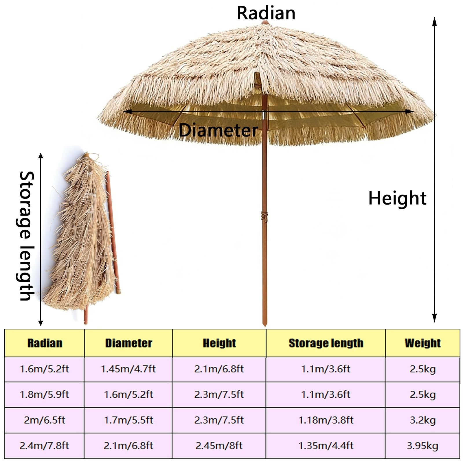 Parasol ogrodowy na stół na zewnątrz, przenośny parasol tarasowy, sztuczny baldachim strzechy, na basen, werandę, ogród, taras, podwórko