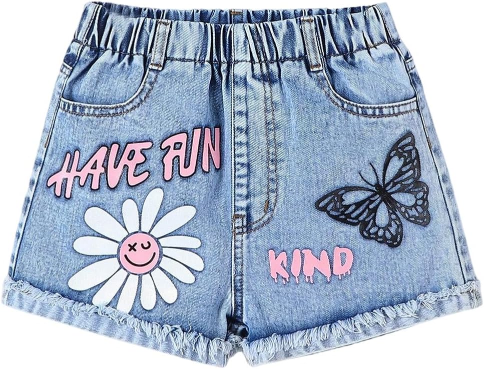 GORGLITTER Girl's Graphic Ripped Jean Shorts Elastic Waist Summer Vacation Cute Denim Shorts