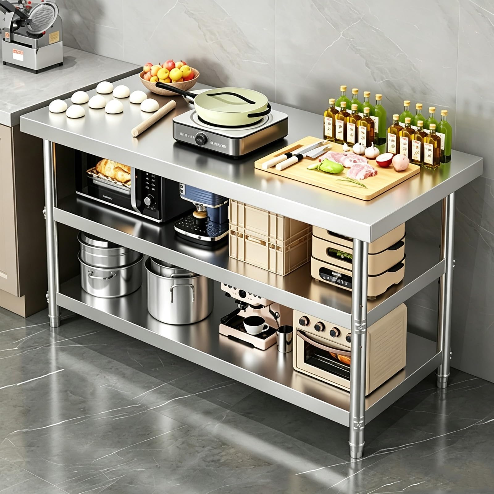 Tavolo Acciaio Inox, Piano di Lavoro Regolabile, Robusto