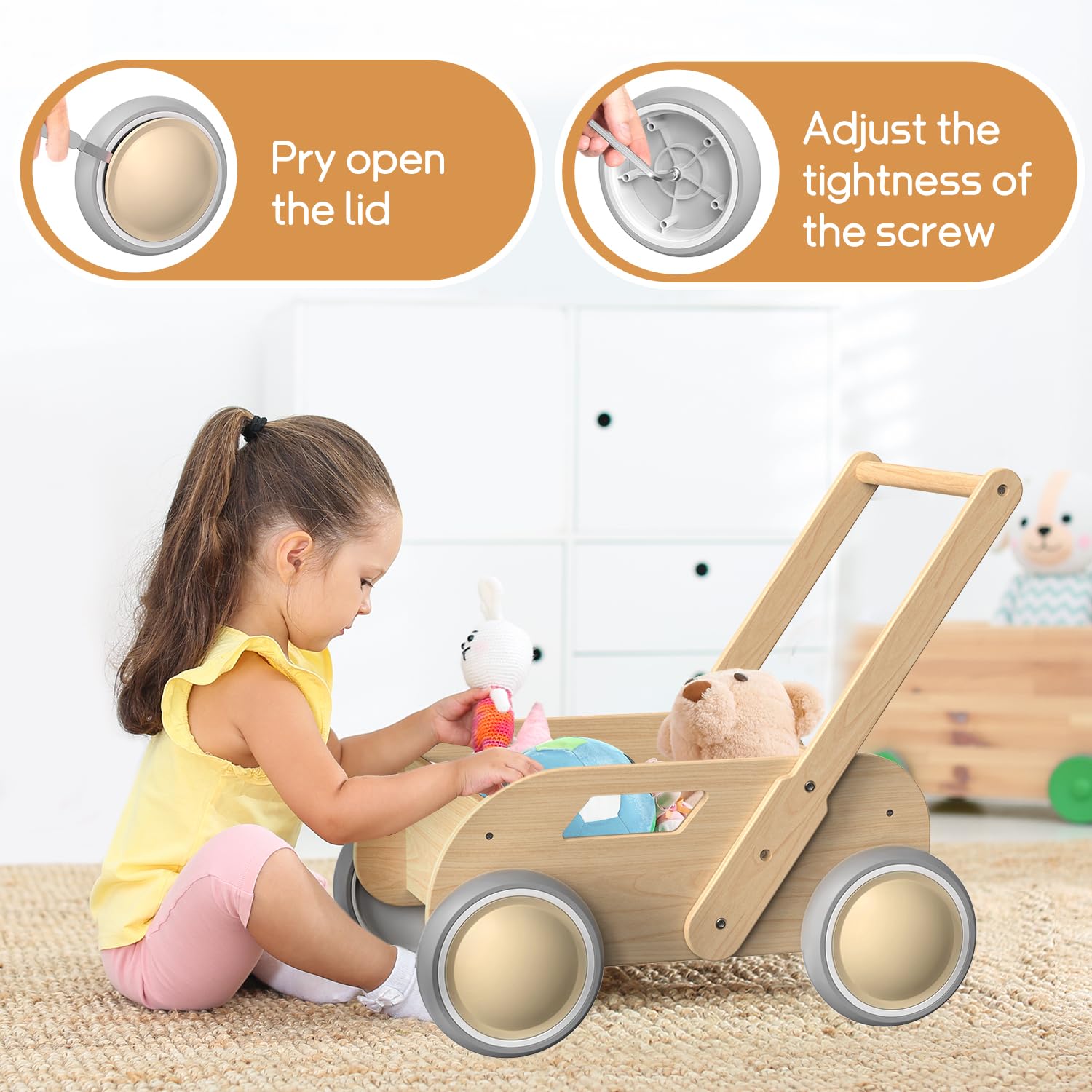Trotteur Bébé en Bois, Chariot de Marche Bebe pour Garçons et Filles, Pousser et Tirer Baby Walker, Trotteur avec Roues, Cadeau pour Anniversaire Noël, Naturel
