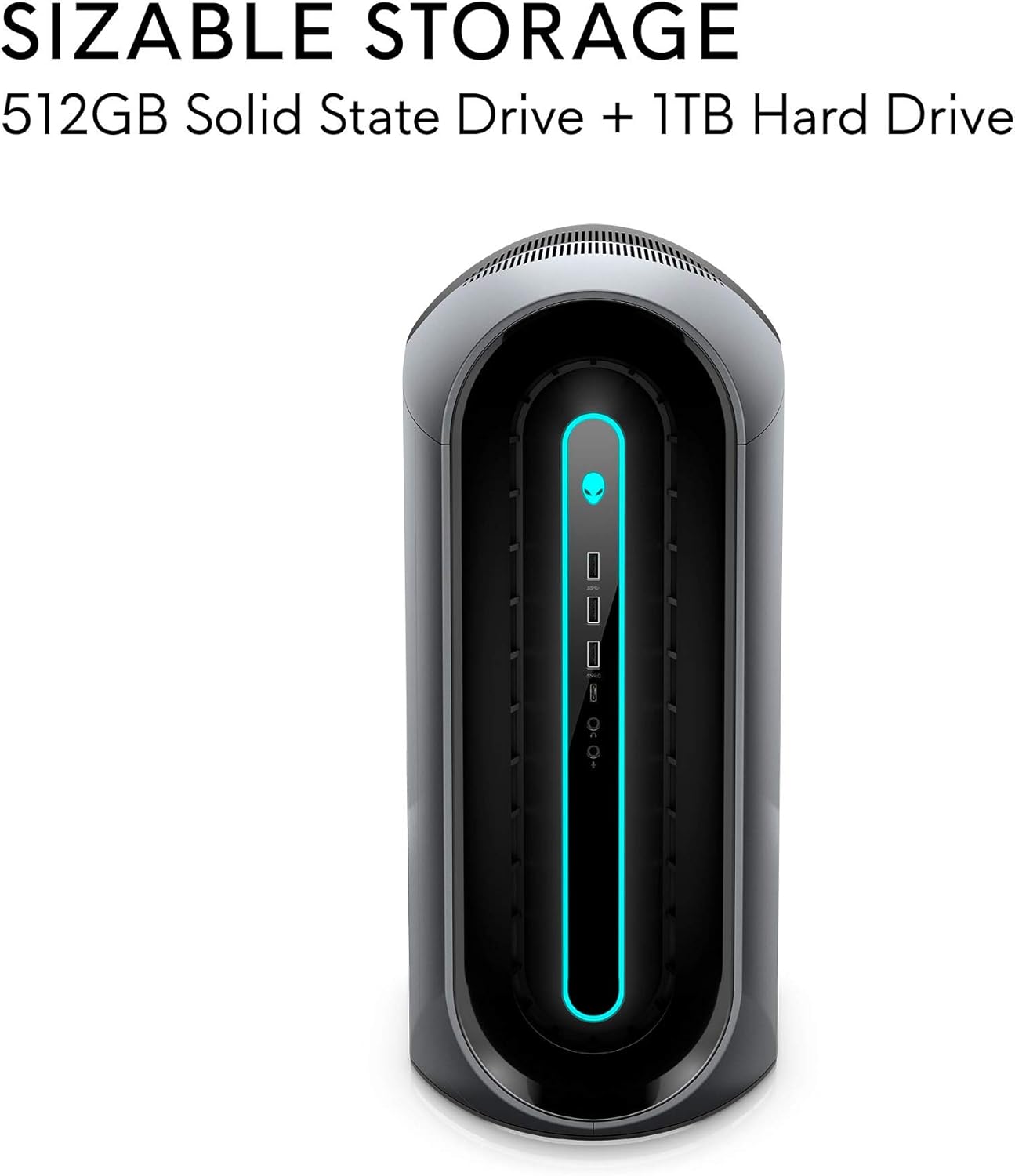 Alienware Aurora R10 Gaming Desktop with text indicating 512GB SSD + 1TB HDD storage.