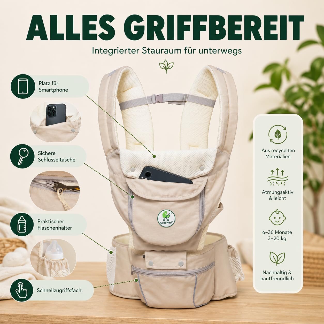 ÖKO Babytrage mit Hüftsitz 3 in 1 aus recycelten Materialien Bauchtrage, Hüfttrage & Rückentrage - atmungsaktiv mit Kapuze, Stauraum, Flaschenhalter für 6-36 Monate bis 3-29 kg