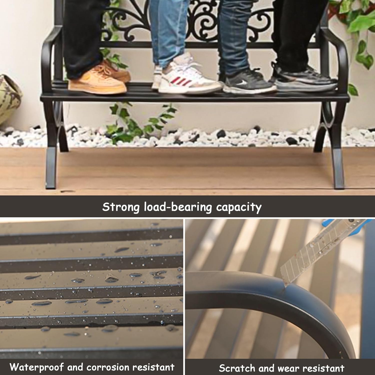 Metal Bench, Outdoor Bench Grand, Patio Garden Bench with Backrest and Wide Armrest, Patio Outdoor Garden Bench, Park Benches for Outside(White)