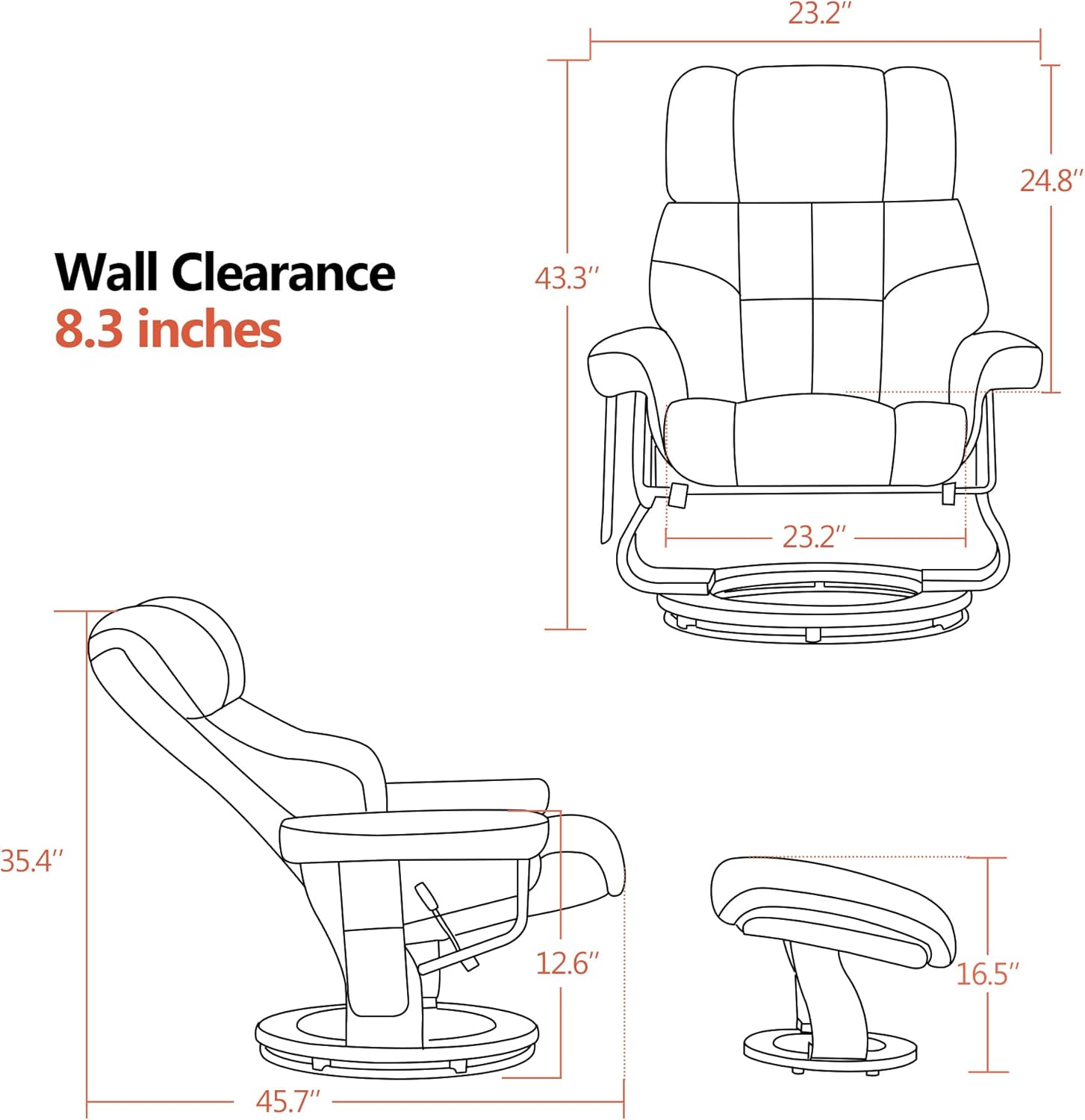 MCombo Manual Swivel Recliner with Ottoman, Reclining Chair with Vibration Massage for Small Spaces, Living Room, Office, Faux Leather 9068 (Dark Grey)