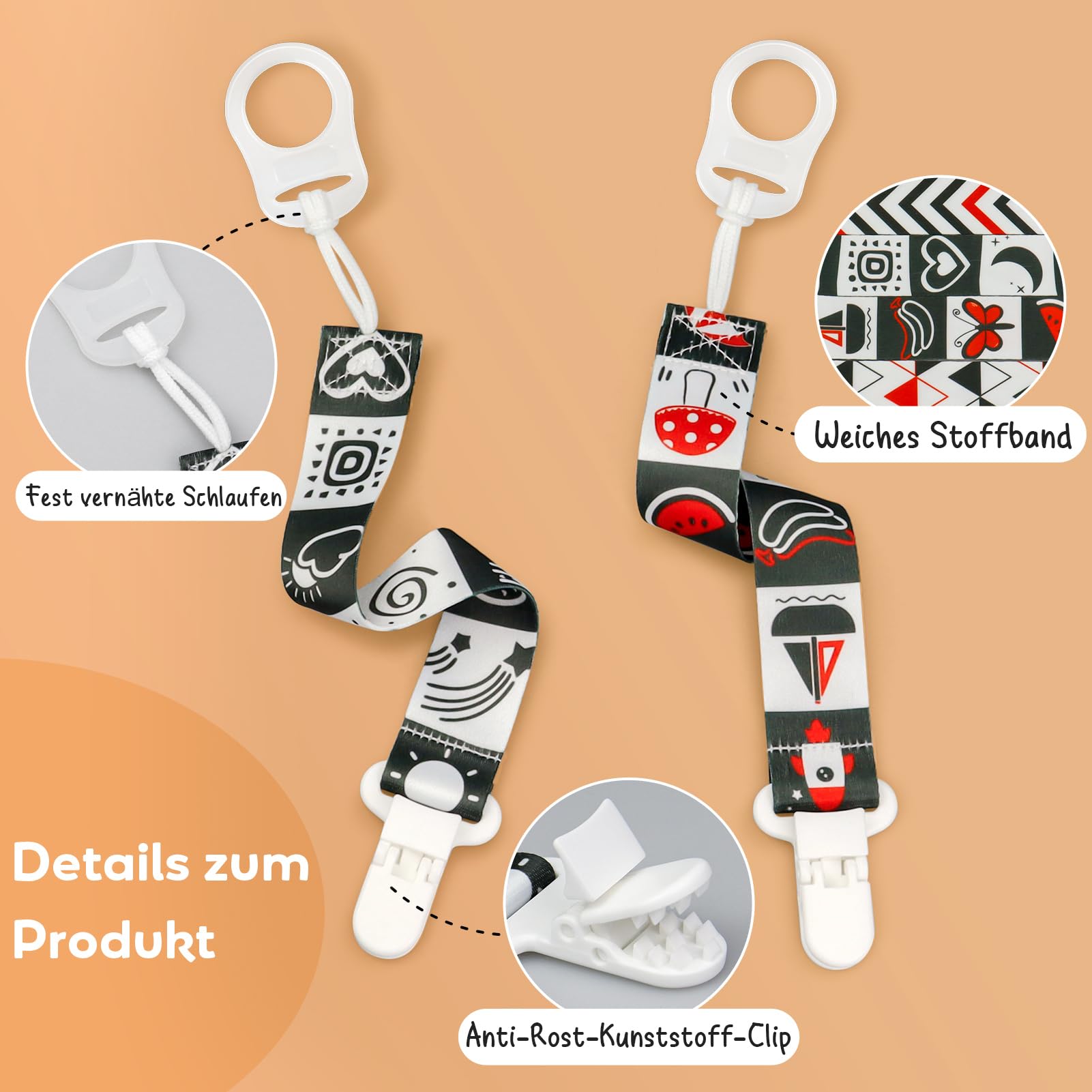 4 szt. smoczka, łańcuszek dla dzieci, łańcuszek na smoczek z 4 klipsami do smoczka, adapter dla noworodka, chrzest, urodziny, Boże Narodzenie, prezent