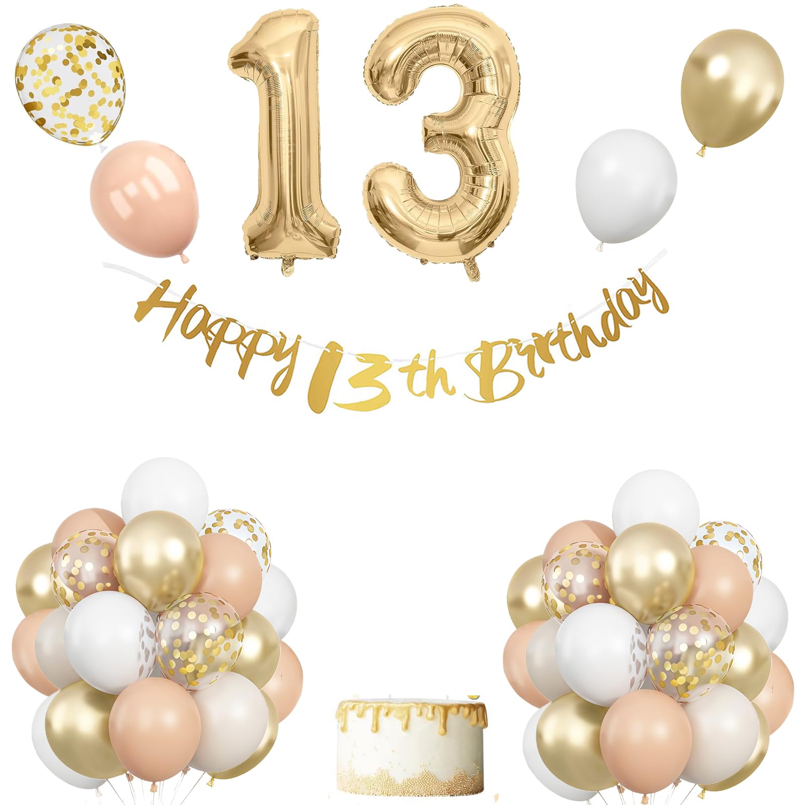 13th Birthday Decoration for Girls,13th Birthday Decorations Girl, Beige White Gold Balloons With Happy 13th Banner, Cake Topper, Number 13 Foil Balloons for Boy Girl Party Decoration — image 1