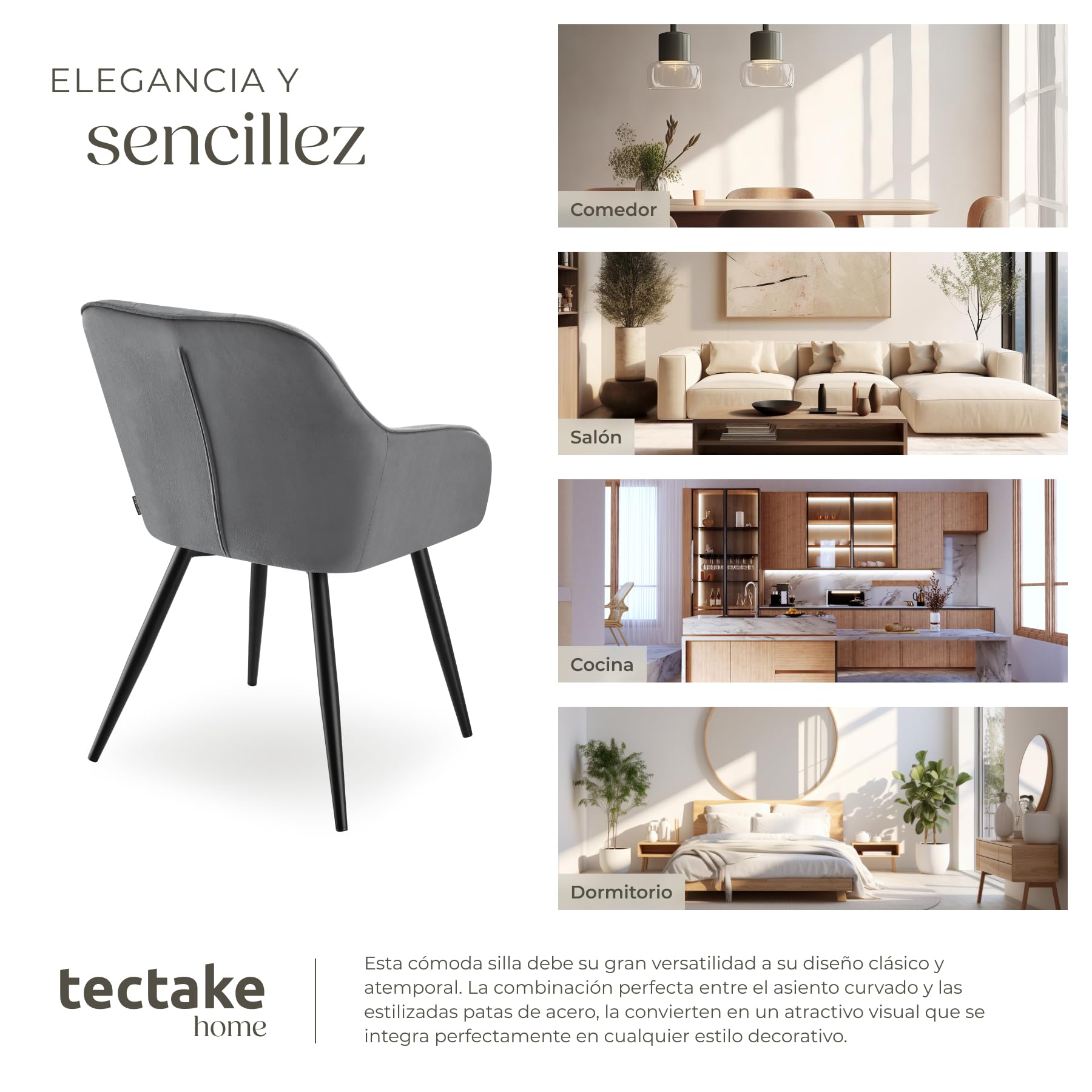 tectake® Silla de Comedor con Tapizado Aterciopelado Acolchado, Silla de Cocina Elegante y Moderna, Patas de Acero, Fácil Limpieza, Ideal Silla Salón, Tocador, Dormitorio - 1 Silla Gris/Negro