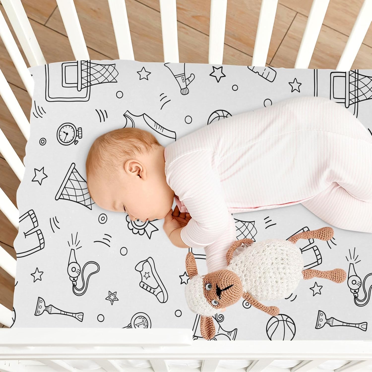 Fitted Crib Sheets Basketball Sport Stretchy Portable Playard Sheets for Baby Toddler, Breathable Soft Mini Crib Mattress 52 x 28 in for Boys and Girls