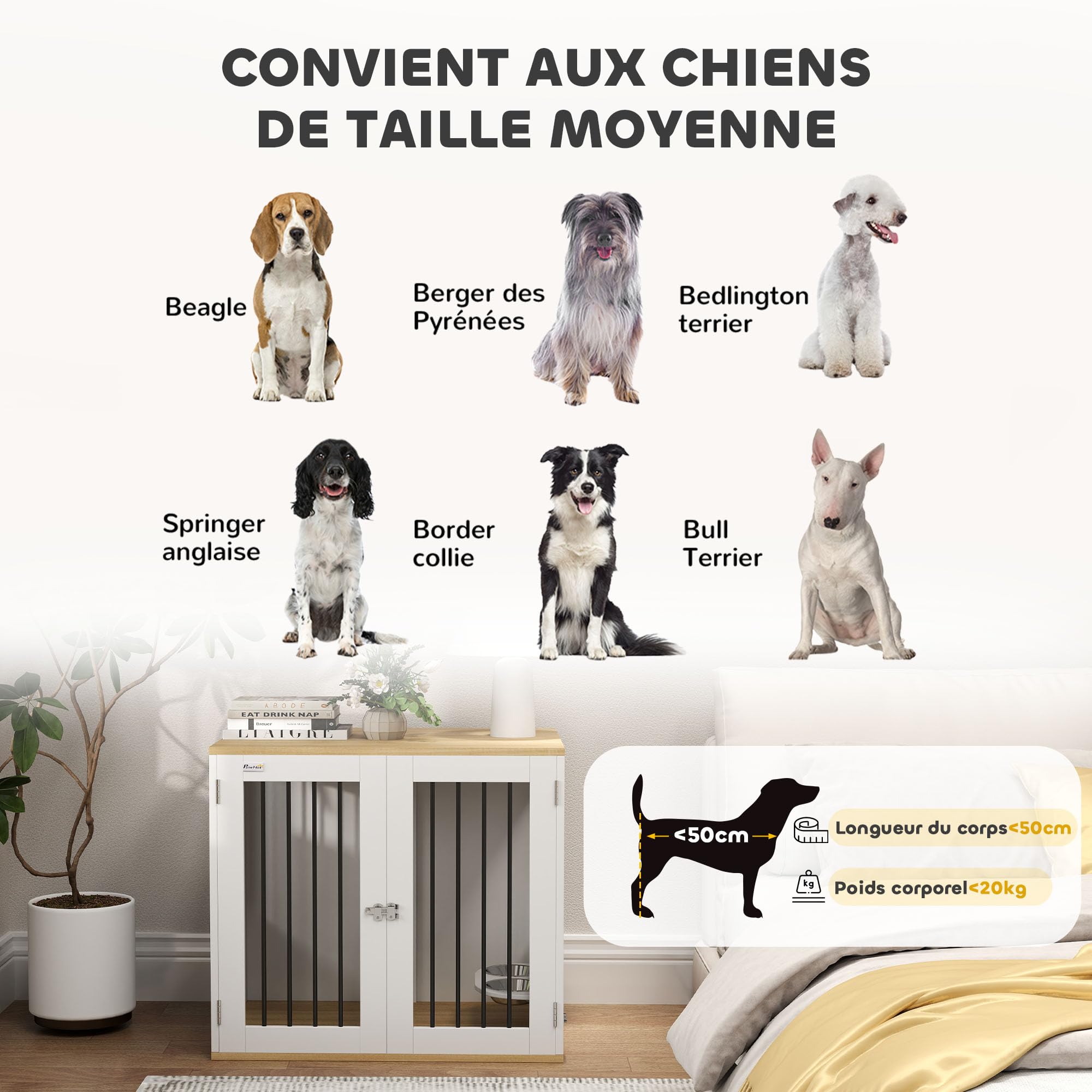 Pawhut Cage pour Chiens, Table d'appoint, Meuble Cage Chien intérieur, maisonnette pour Animaux avec gamelles Amovibles et rotatives à 360°, 2 Portes, pour Taille Moyenne, Blanc