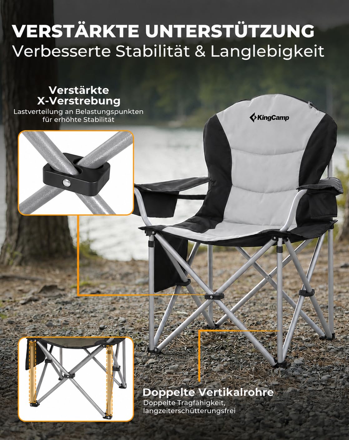 KingCamp Campingstuhl Faltbar Ergonomisch Gepolstert XXL bis 250kg Schwarz | Klappstuhl mit Verstellbarer Lendenwirbelstütze, Kühltasche für Camping, Garten, Angeln & Festival
