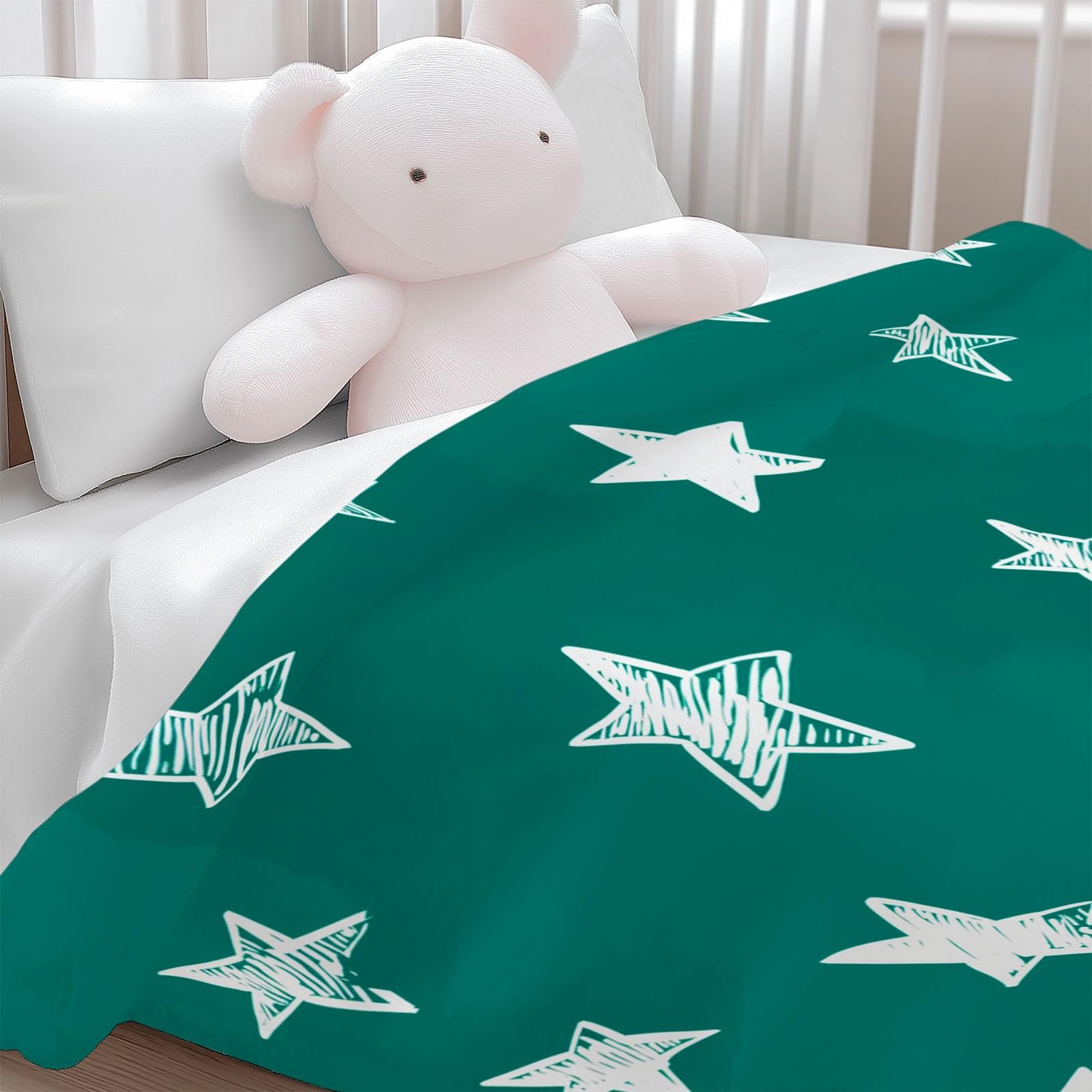 Générique Flanelowy koc polarowy ręcznie rysowane białe gwiazdy 220 x 240 cm Puszysty ciepły i miękki turkusowy koc polarowy pluszowa krata, do salonu sypialni