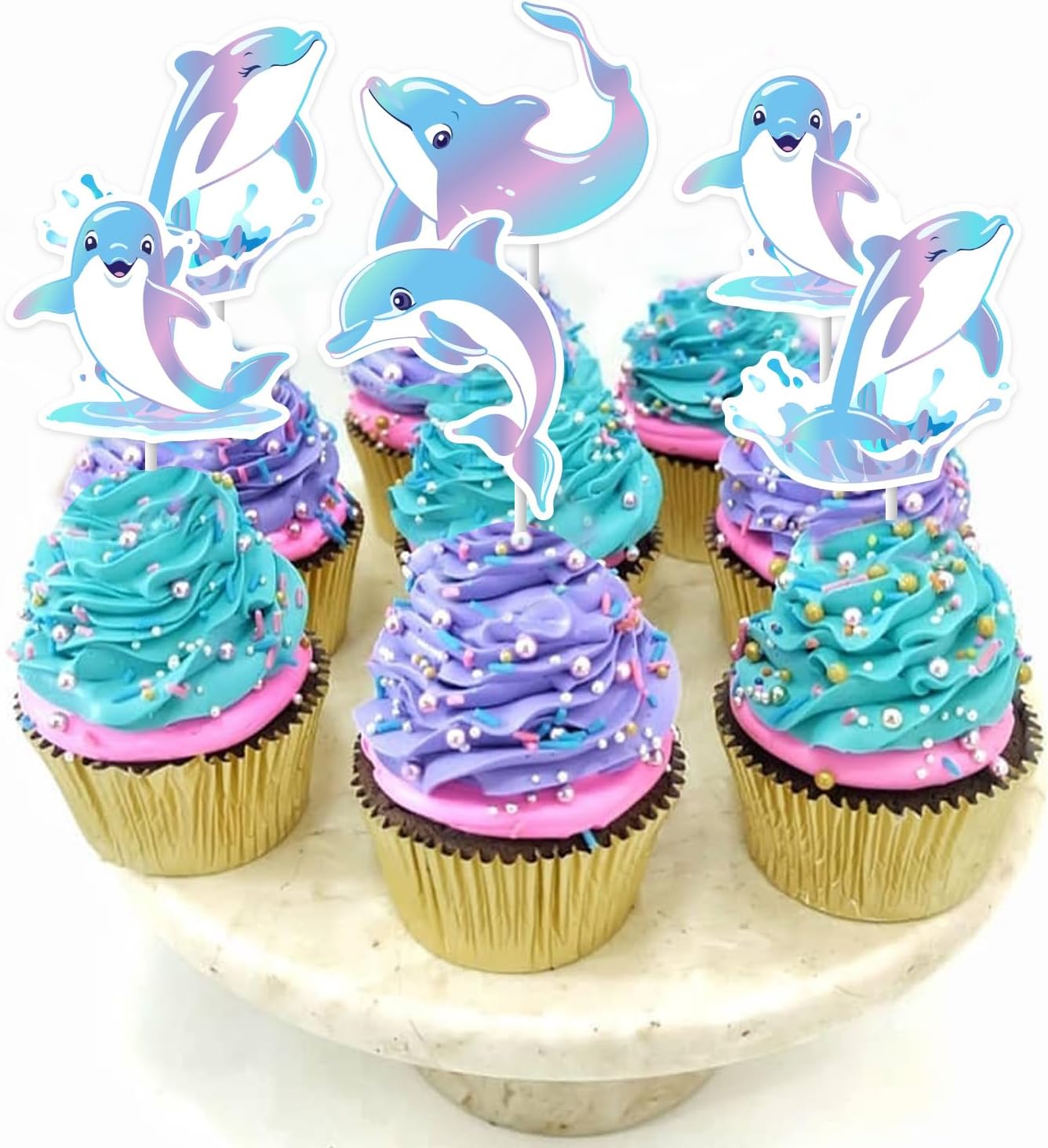 36 Pcs Dolphin Theme Cupcake Toppers Pink Blue Purple - Under The Sea Birthday Cake Decorations for Boys Girls, Double Sided Dolphin Ocean Animal Theme Party Supplies