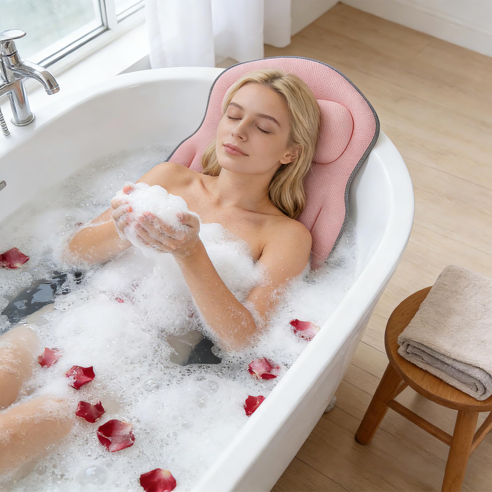 Cuscino intero per vasca da bagno, tappetino da bagno ispessito con poggiatesta supporta collo, schiena e gambe, cuscino per vasca da bagno con ventose e ganci sospesi (rosa)